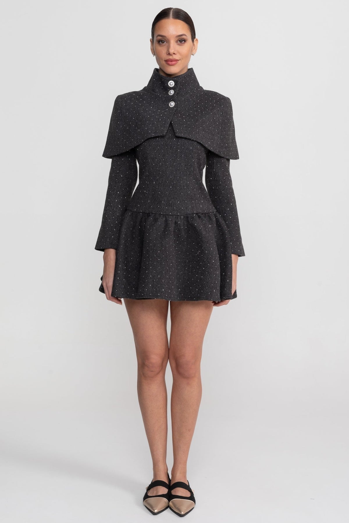 Long Sleeve Mini Dress with Stand Collar and Detachable Cape – Charcoal – view 3