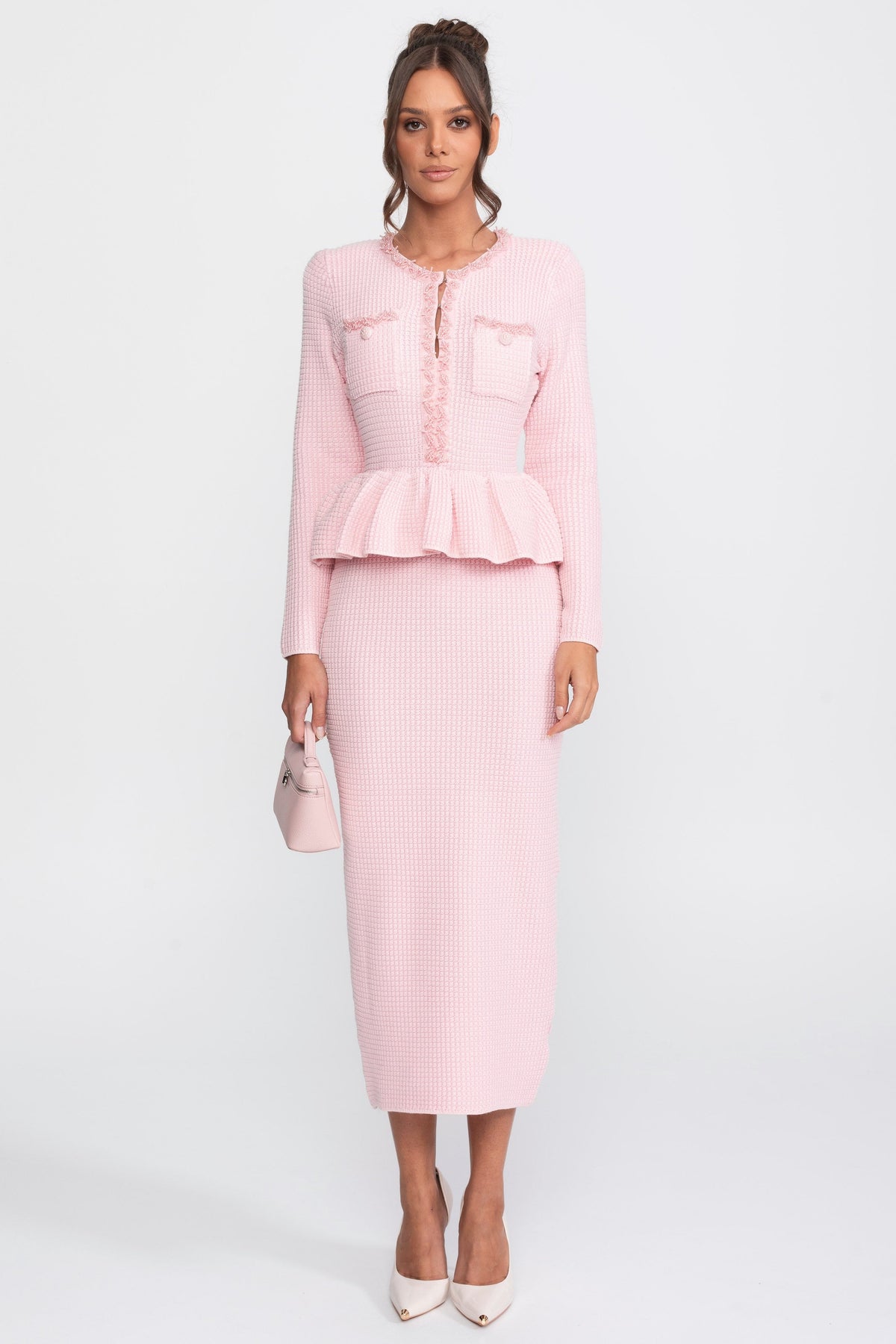 Fringe Trim Long Sleeve Knit Peplum Pencil Dress with Pockets – Pink – view 1
