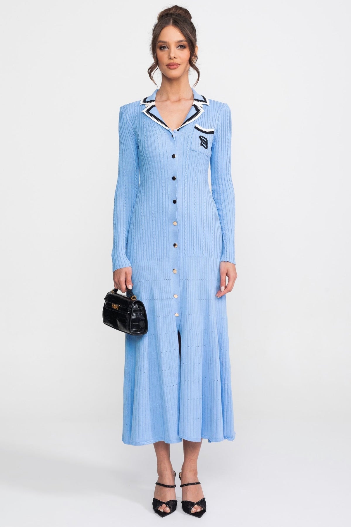Ribbed Knit Polo Collar Long Sleeve Midi Dress with Monogram Pocket – Blue – view 1