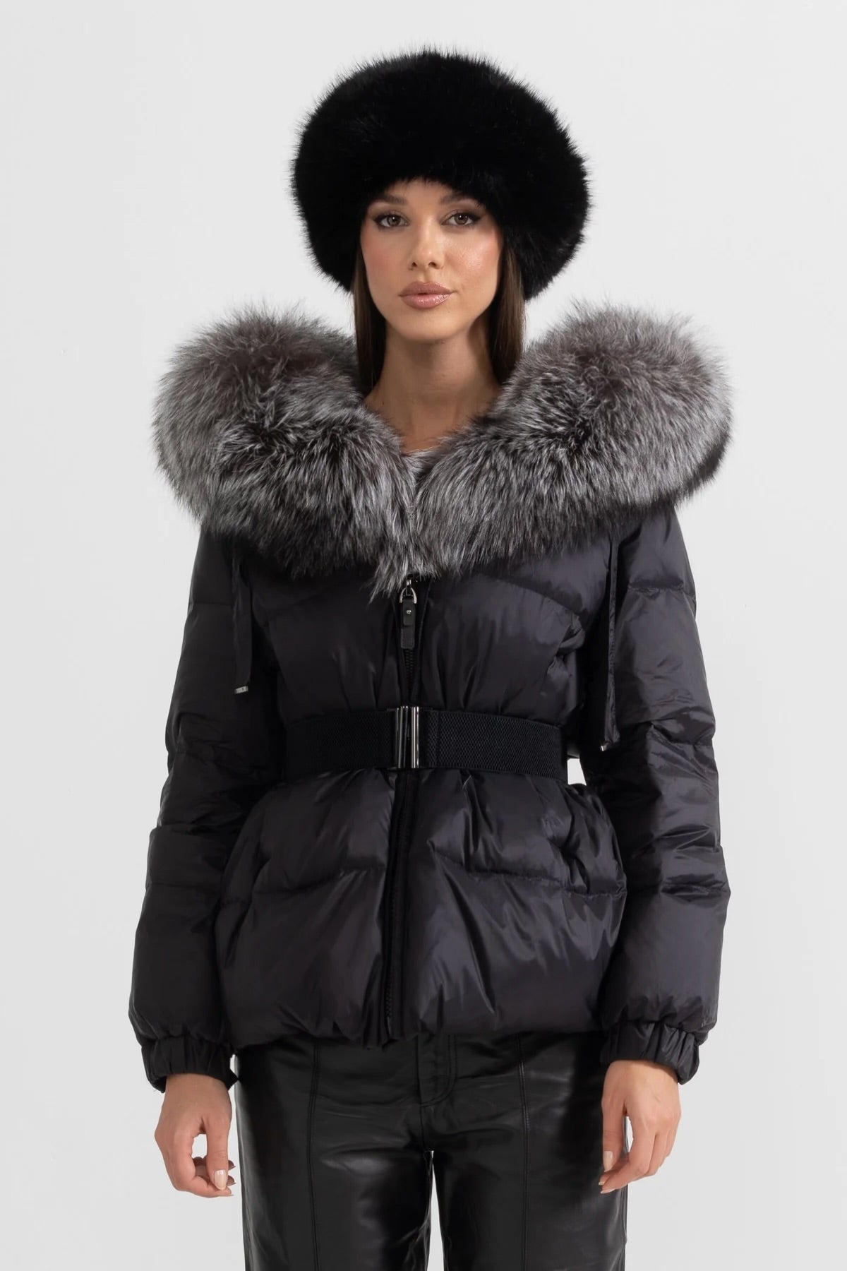 Belted Duck Down Puffer Jacket with Grey Lined Hood – Black – view 1