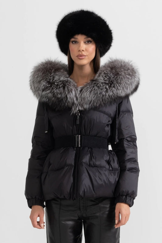 Belted Duck Down Puffer Jacket with Grey Lined Hood – Black