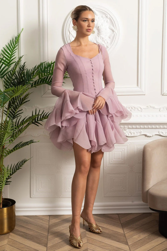 Square Neck Corset Waist Mini Dress with Sheer Ruffle Sleeves – Pink – view 2