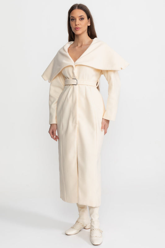 Longline Wool Blend Coat with Detachable Cape Collar and Belt – Ivory