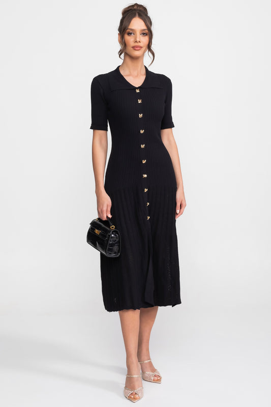Ribbed Knit Peter Pan Collar Midi Dress with Pleated Skirt – Black
