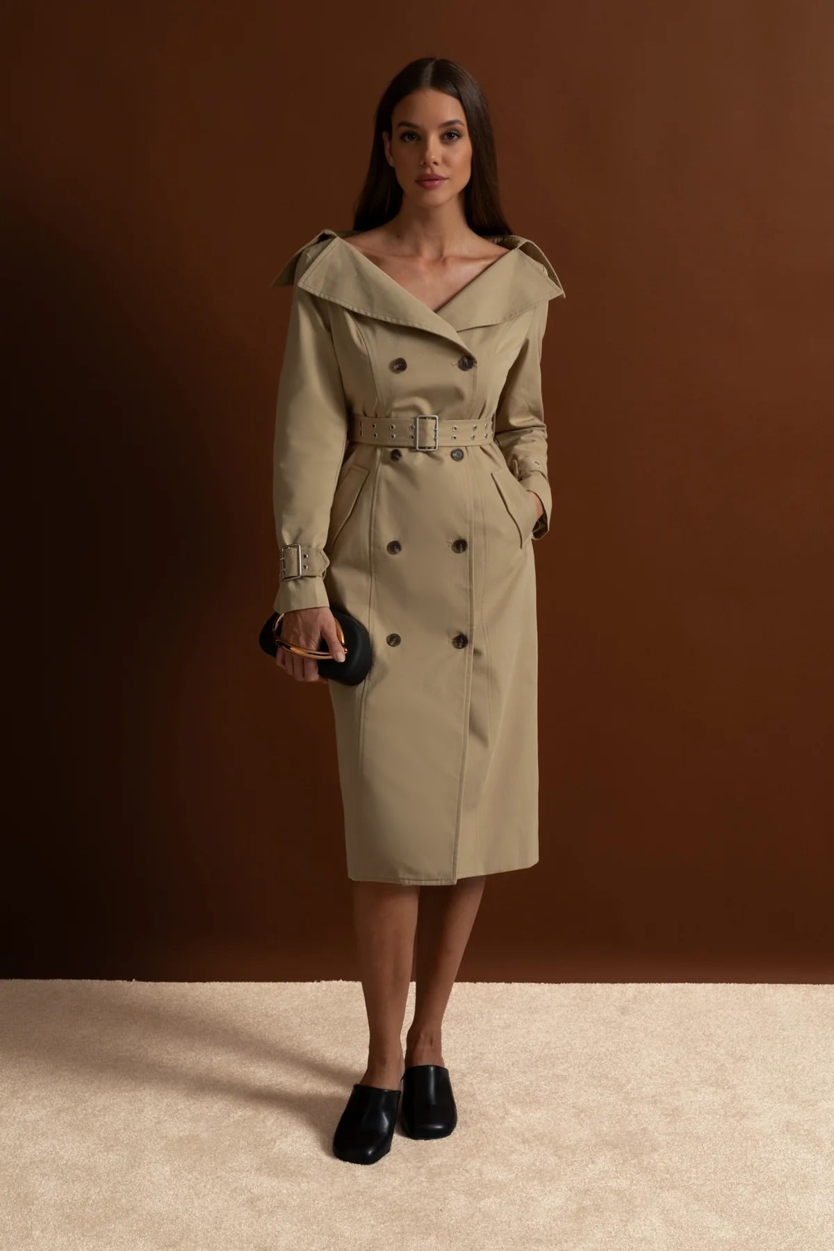 Off-Shoulder Double-Breasted Belted Trench Midi Dress – Brown – view 2