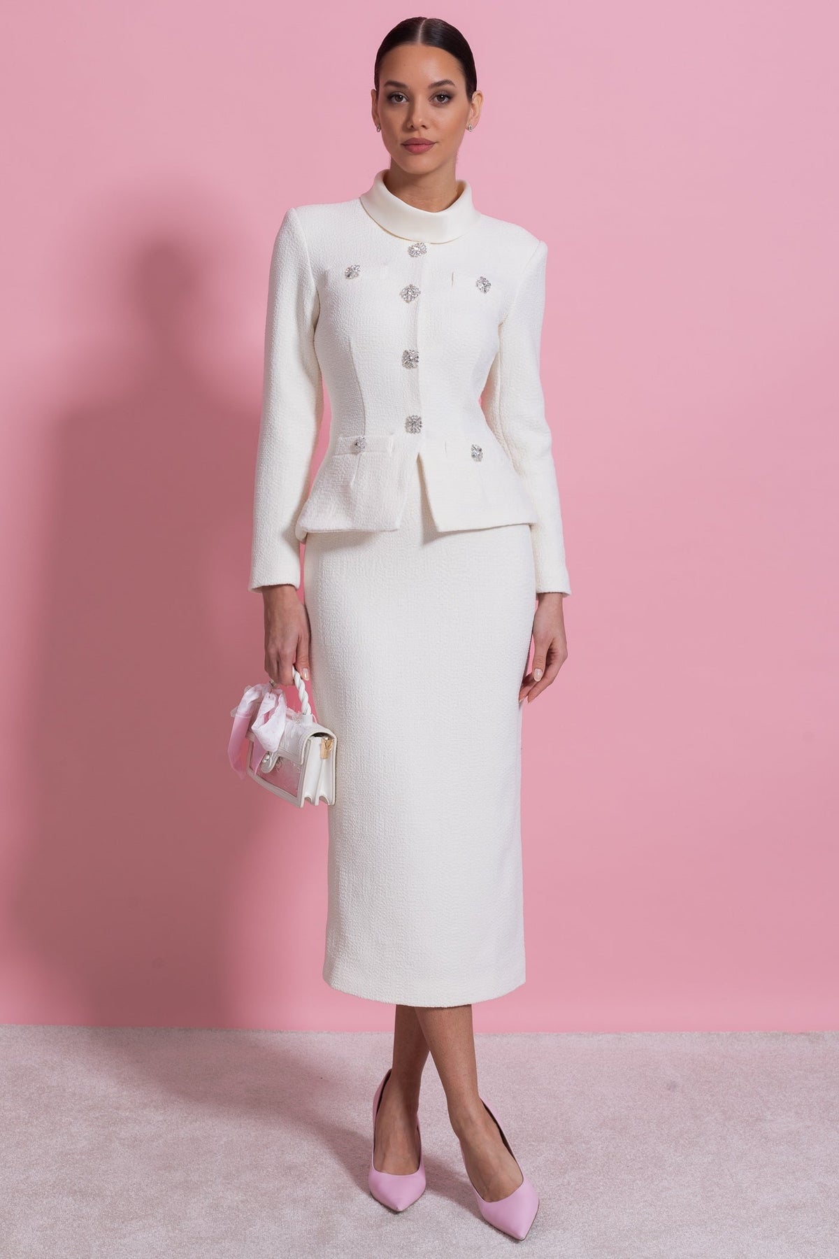 High Neck Bouclé-Style Midi Dress with Crystal Buttons – White – view 3