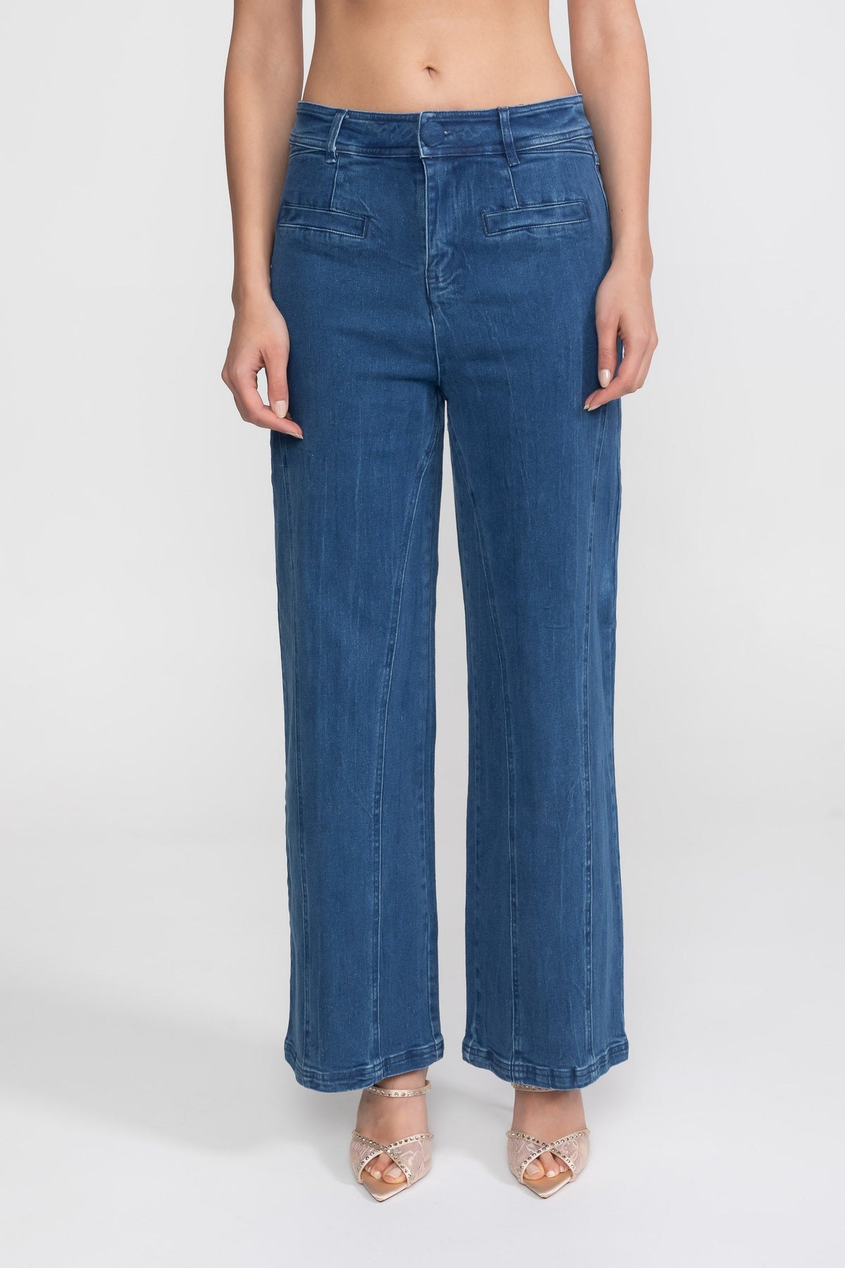 High Rise Wide Leg Jeans with Front Patch Pockets – Blue – view 2