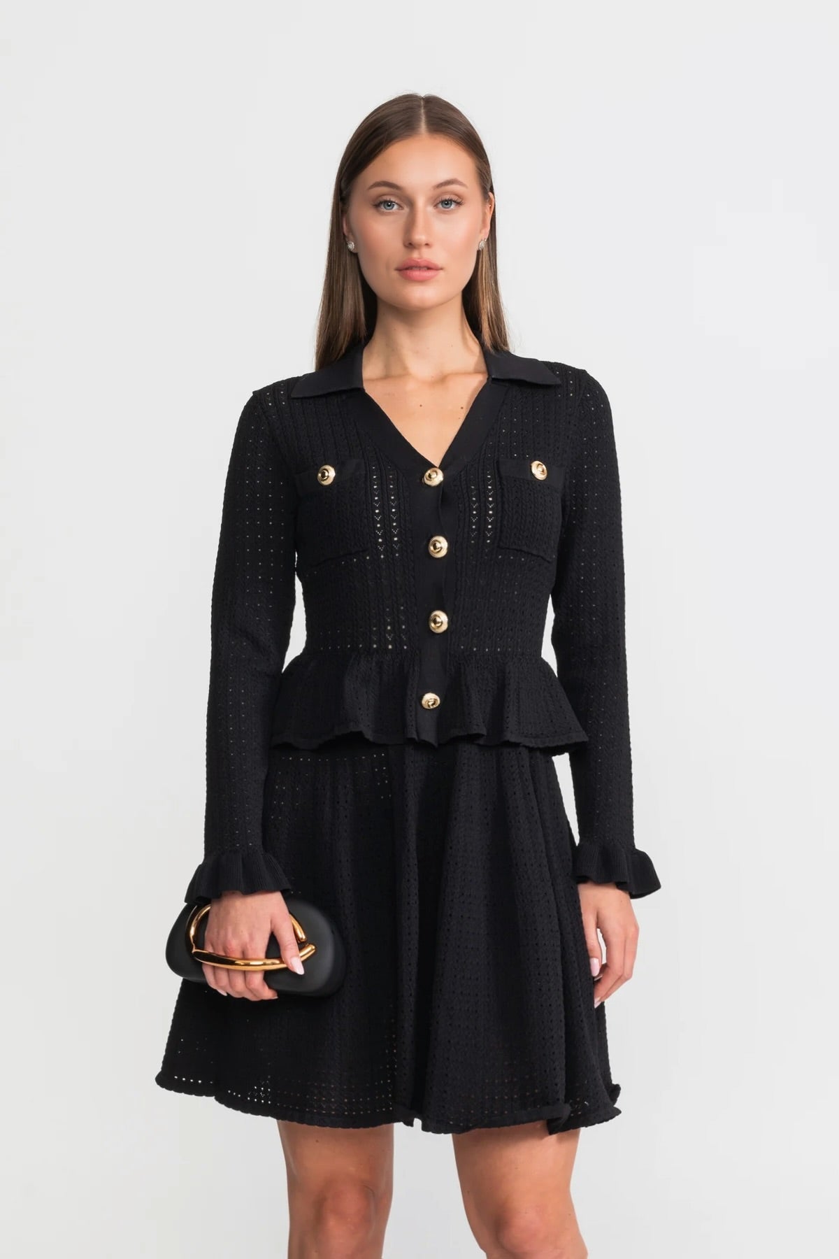 Collared Knit Mini Dress with Peplum Waist and Gold Buttons – Black – view 1