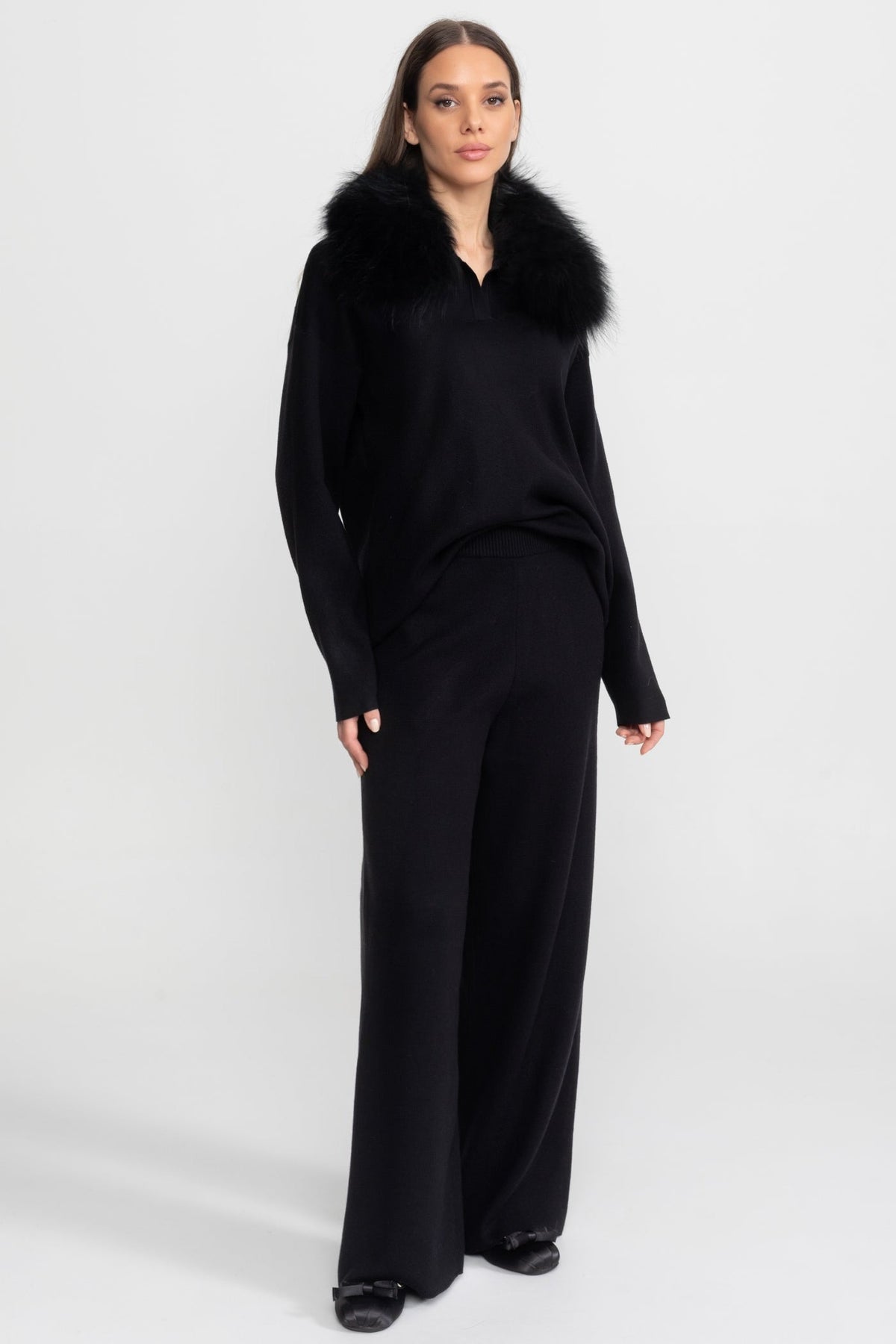Knit Lounge Top and Straight Leg Trousers Set – Black – view 3
