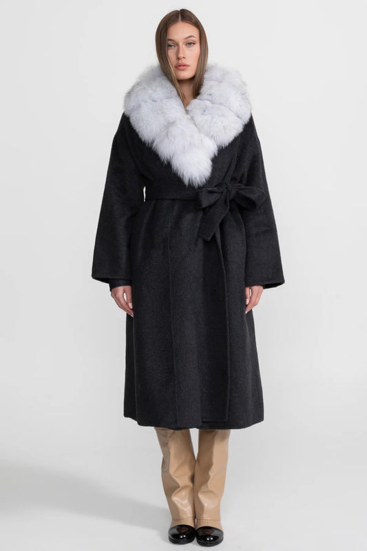 Double-Faced Wool Wrap Coat with Collar Trim and Tie Belt – Black/Grey