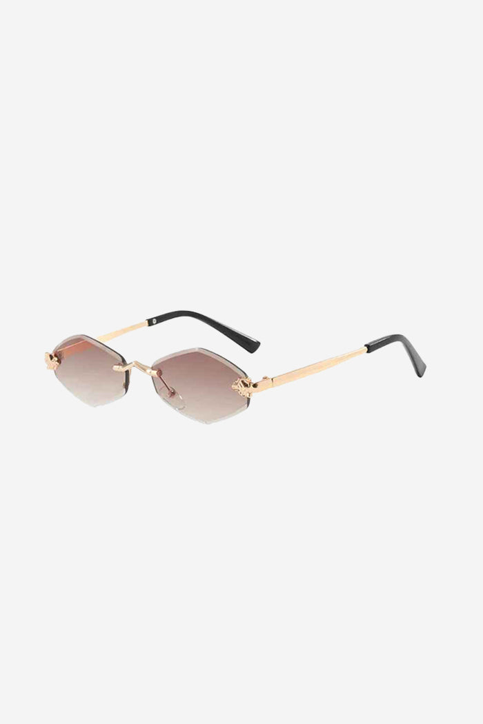Rimless Hexagon Sunglasses with Gold Patterned Temples – Brown – view 2