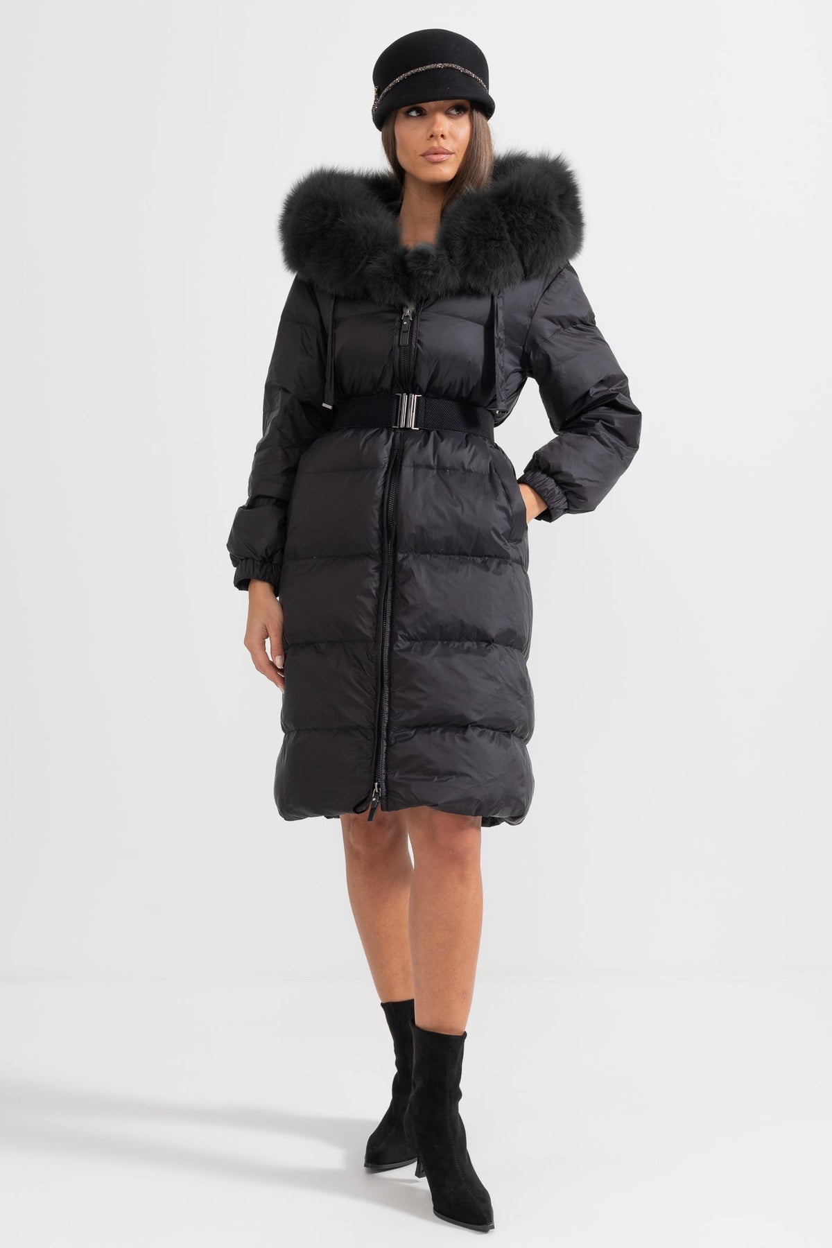 Long Duck Down Puffer Jacket with Black Lined Hood – Black – view 5