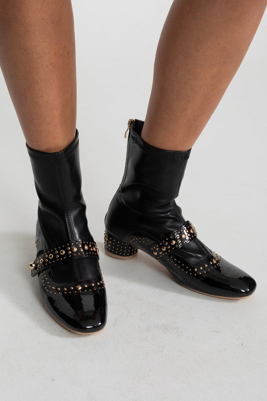 Studded Patent Ankle Boots with Adjustable Strap – Black