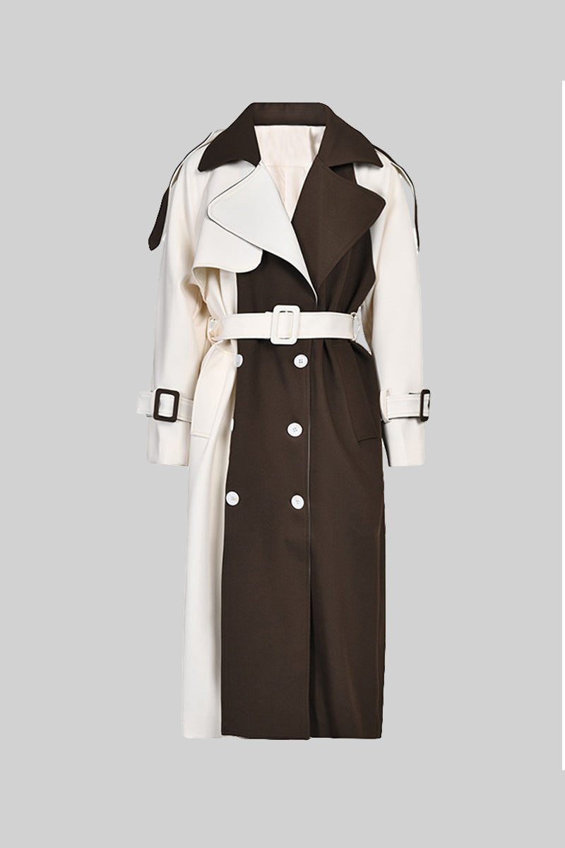 Two-Tone Double-Breasted Belted Trench Coat – Cream & Brown