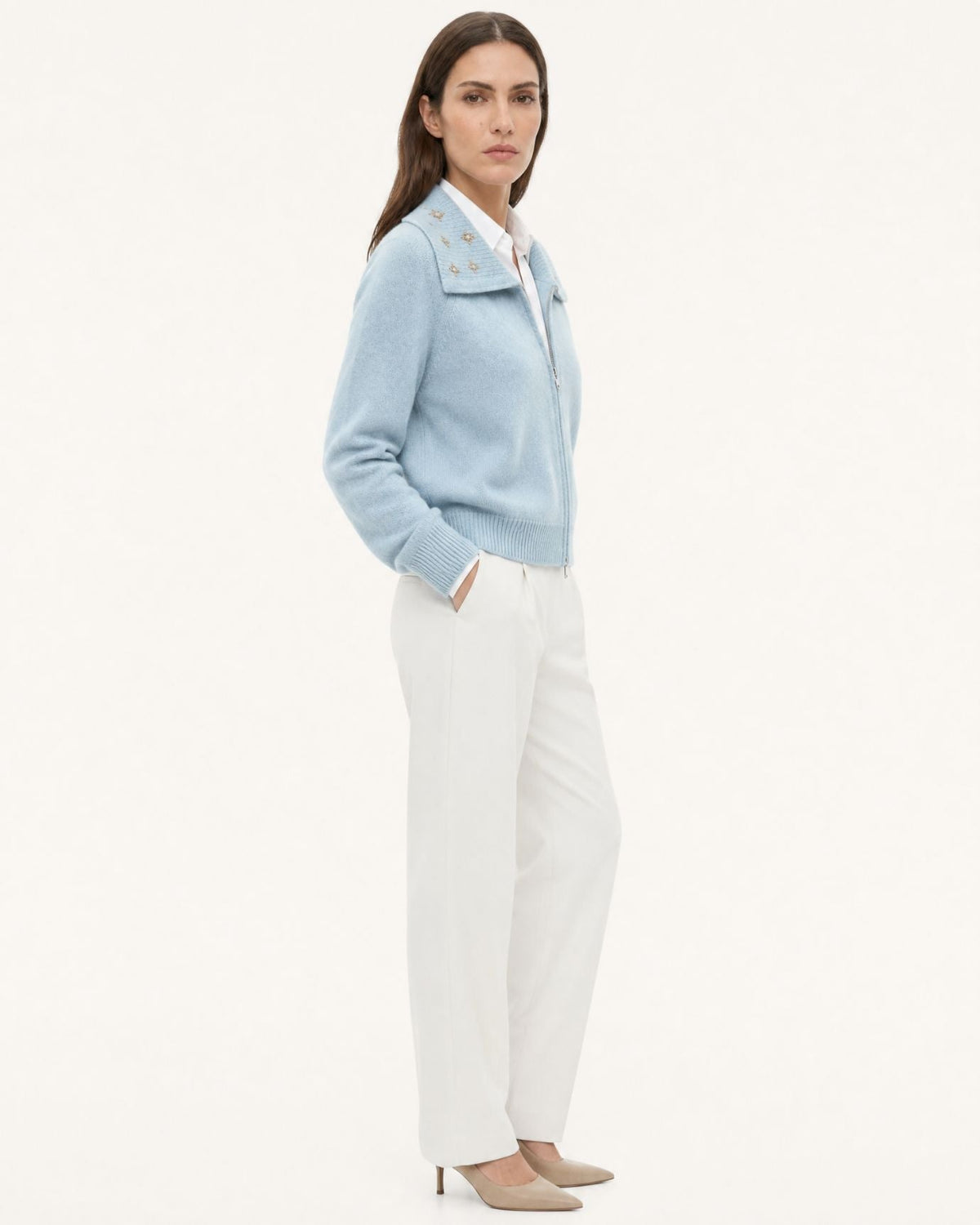 Lina Beaded and Embroidered Cashmere Zip Cardigan with Lapel Collar – view 4