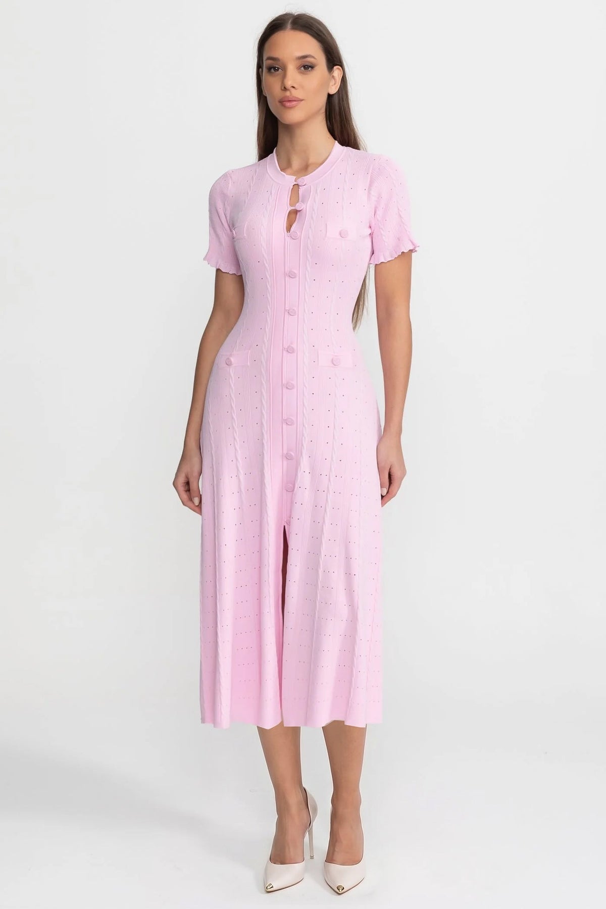 Knit Button-Front Midi Dress with Short Scalloped Sleeves – Pink