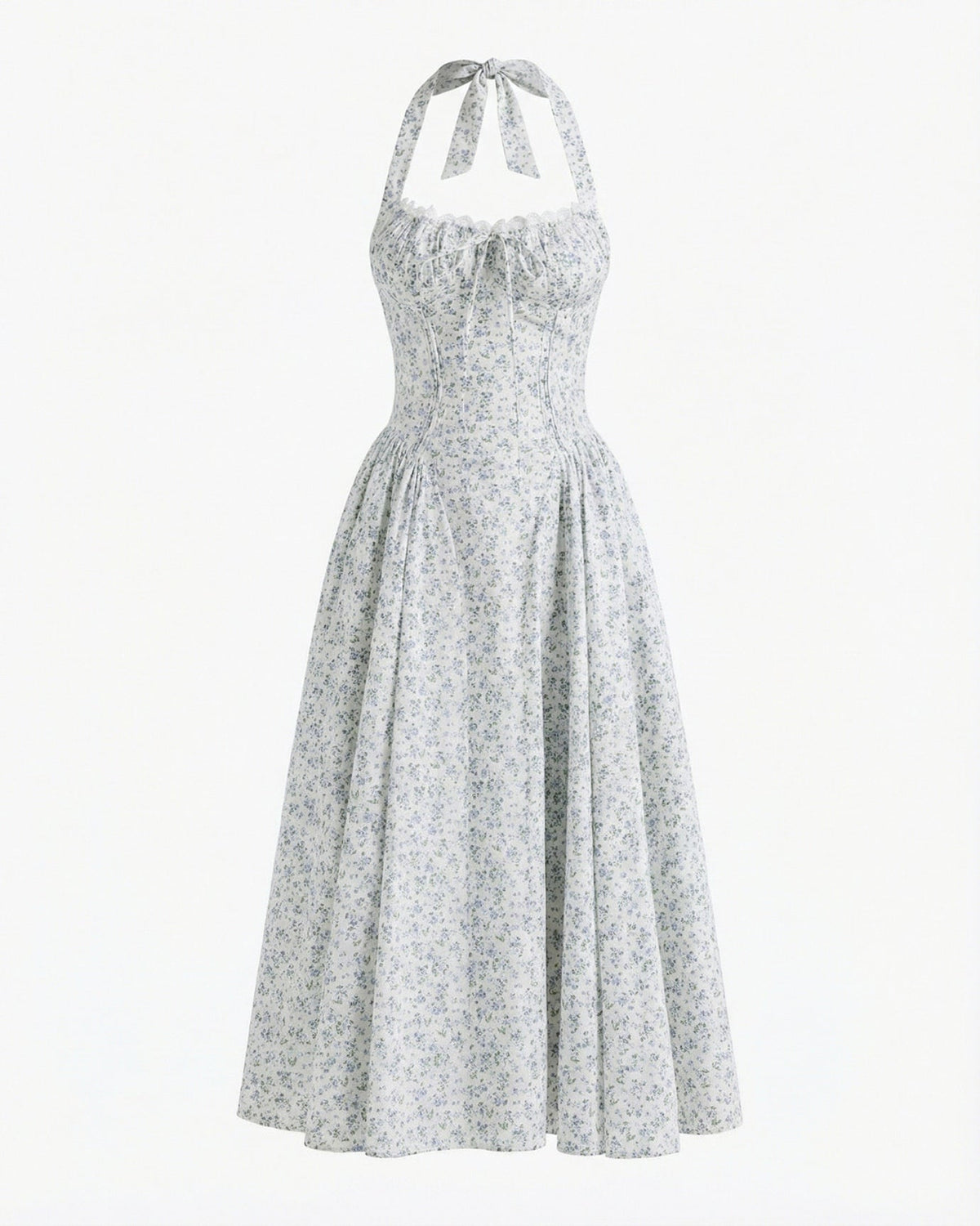 Santorini Halter Neck Contoured Stretch Dress – Small Blue Flowers on White
