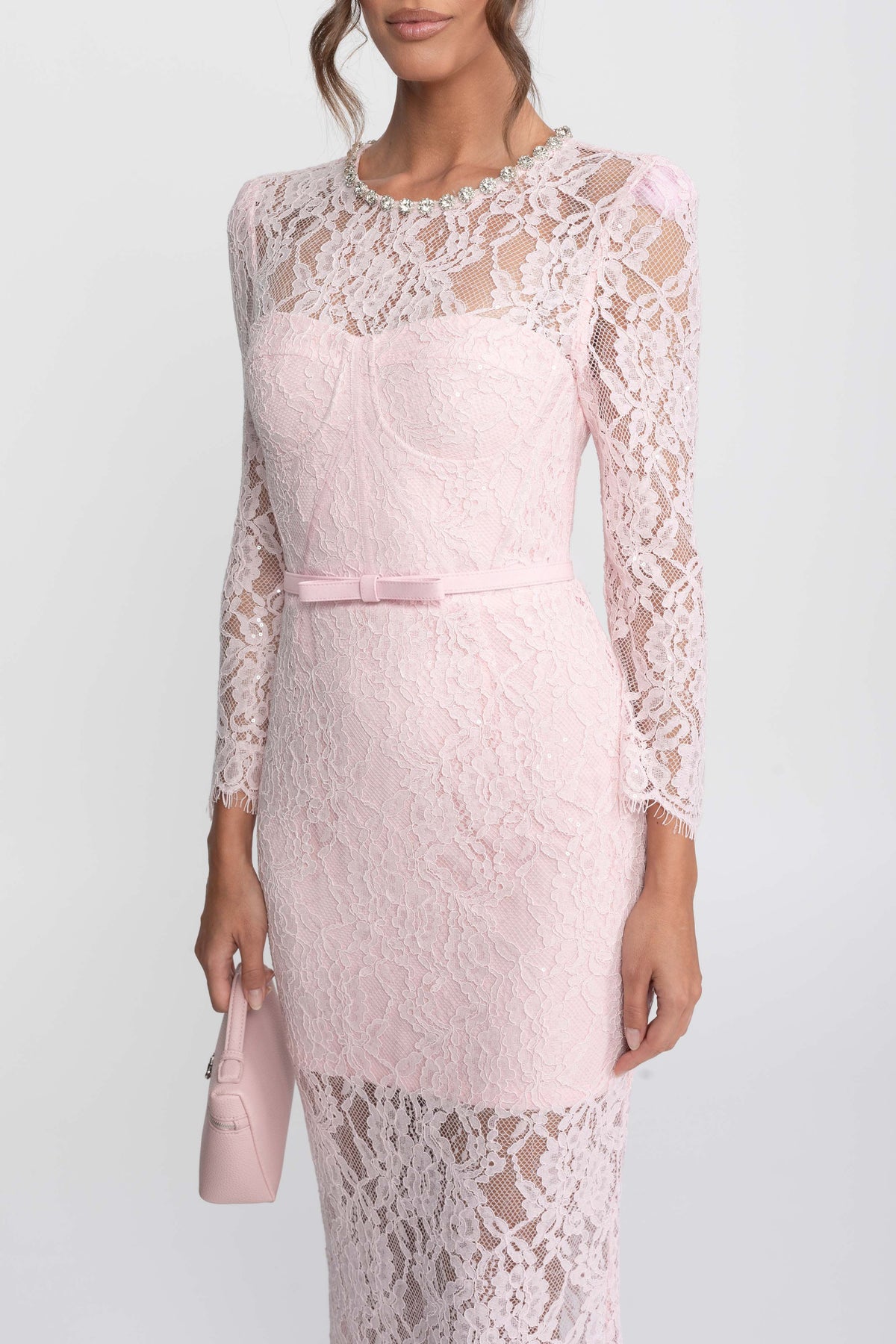 Lace Long Sleeve Midi Dress with Crystal Neckline and Matching Belt – Pink – view 3