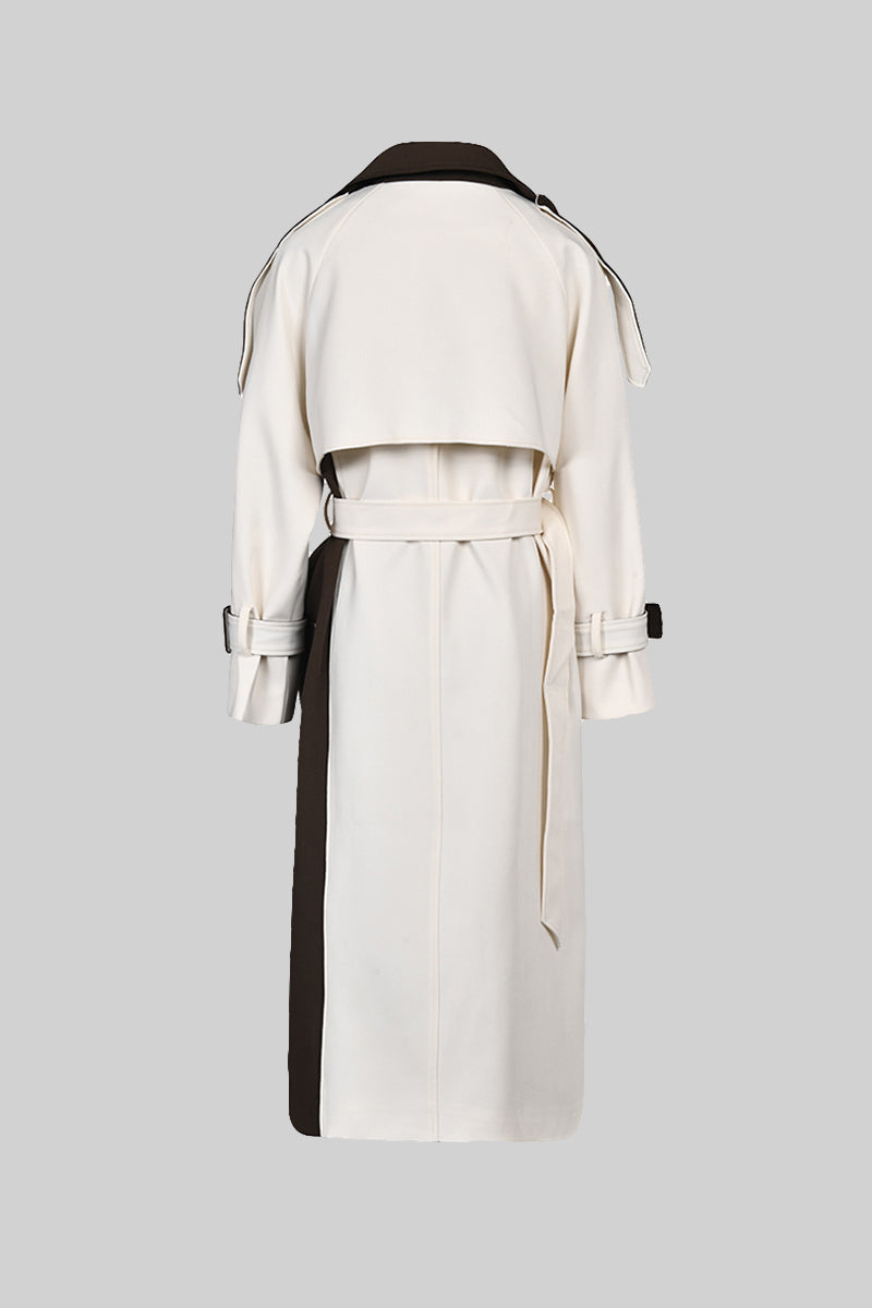 Two-Tone Double-Breasted Belted Trench Coat – Cream & Brown