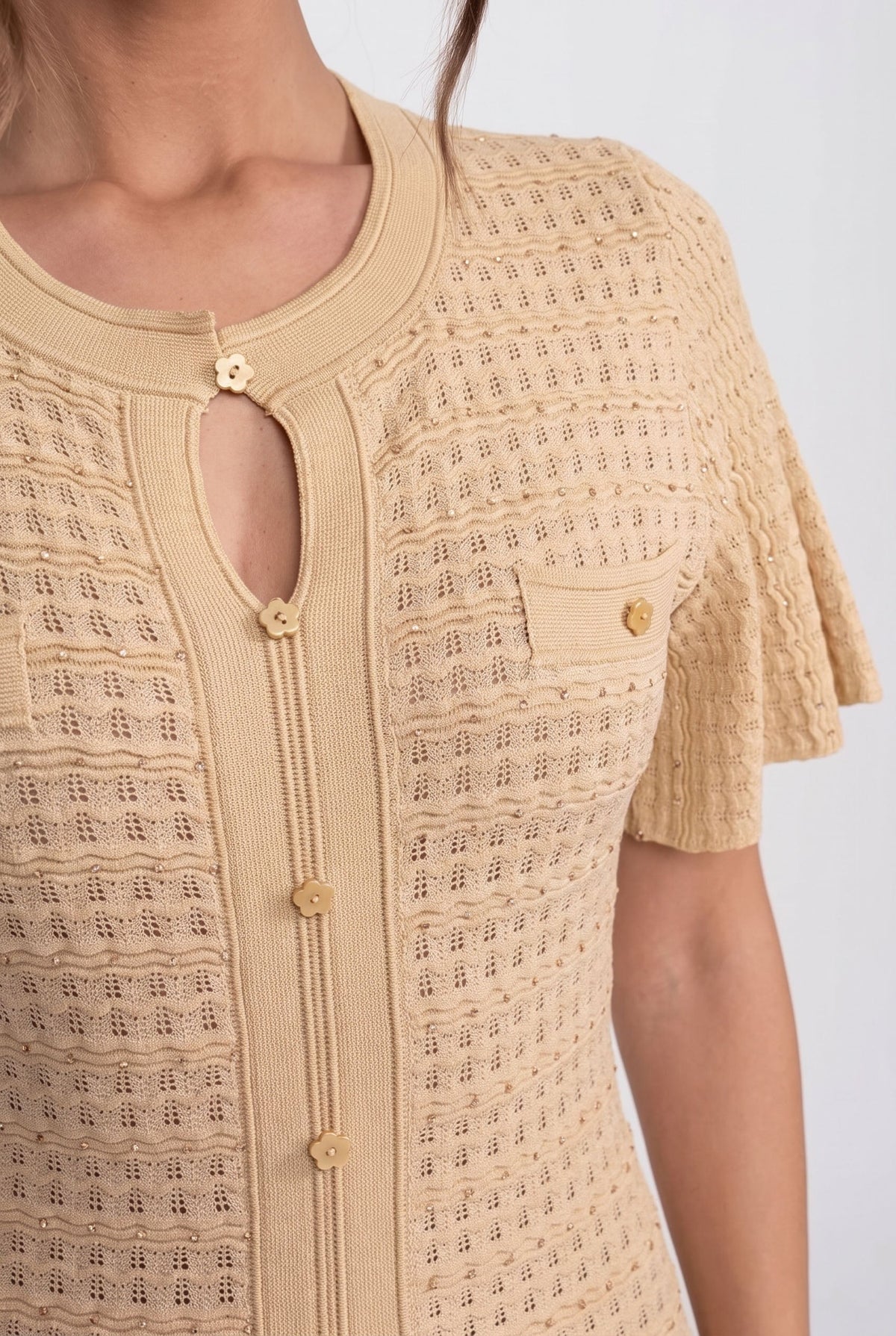 Shimmer Knit Button Front Midi Dress with Pleated Skirt – Beige – view 4