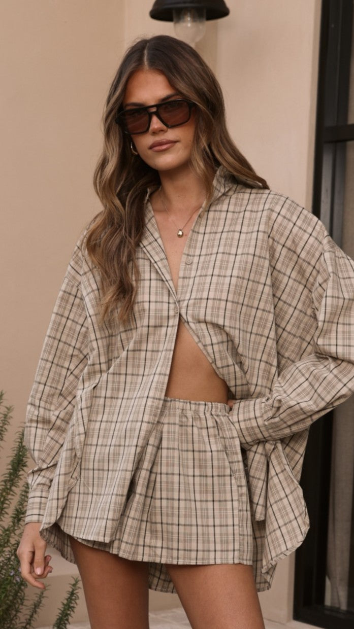 Arli Boxy Collared Long Sleeve Cotton Shirt – Beige/Brown Plaid – view 1