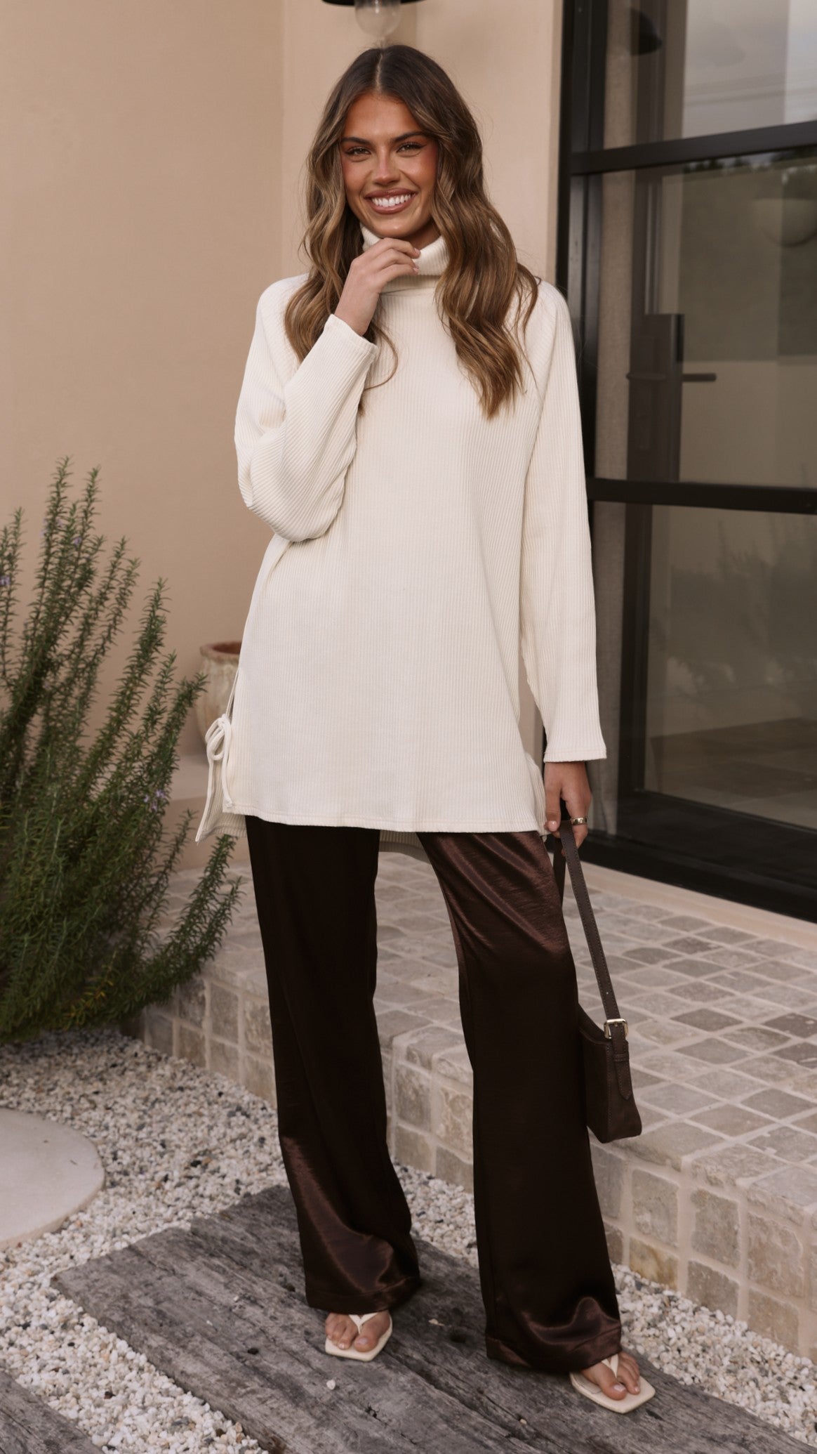 Ravio Oversized Longline Rib Knit Turtleneck Jumper – Cream – view 6