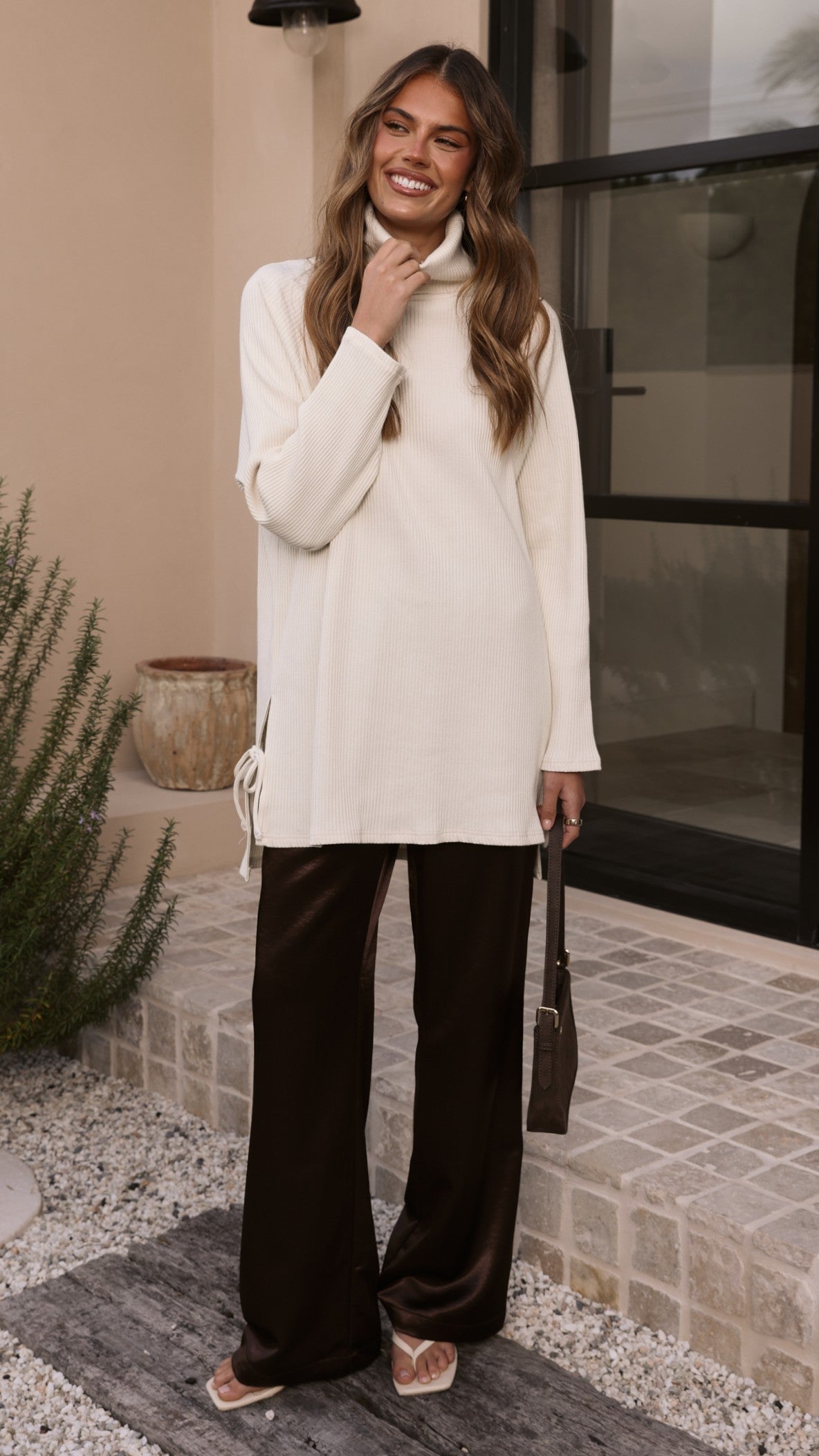 Ravio Oversized Longline Rib Knit Turtleneck Jumper – Cream – view 7