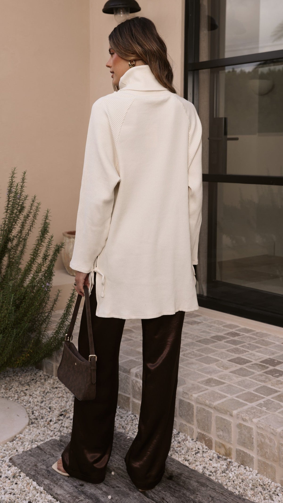 Ravio Oversized Longline Rib Knit Turtleneck Jumper – Cream – view 2