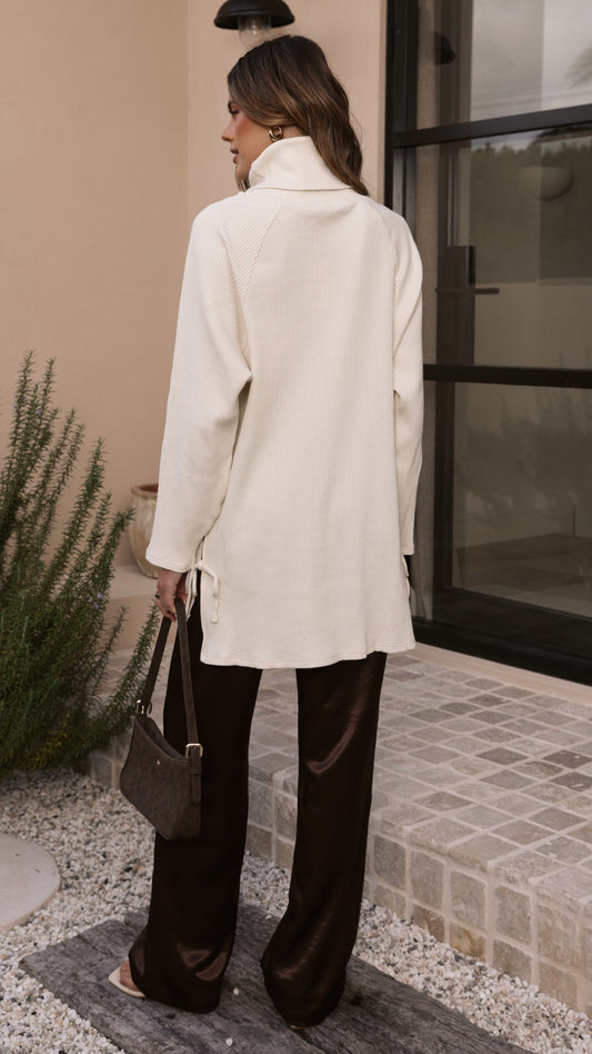 Ravio Oversized Longline Rib Knit Turtleneck Jumper – Cream – view 2