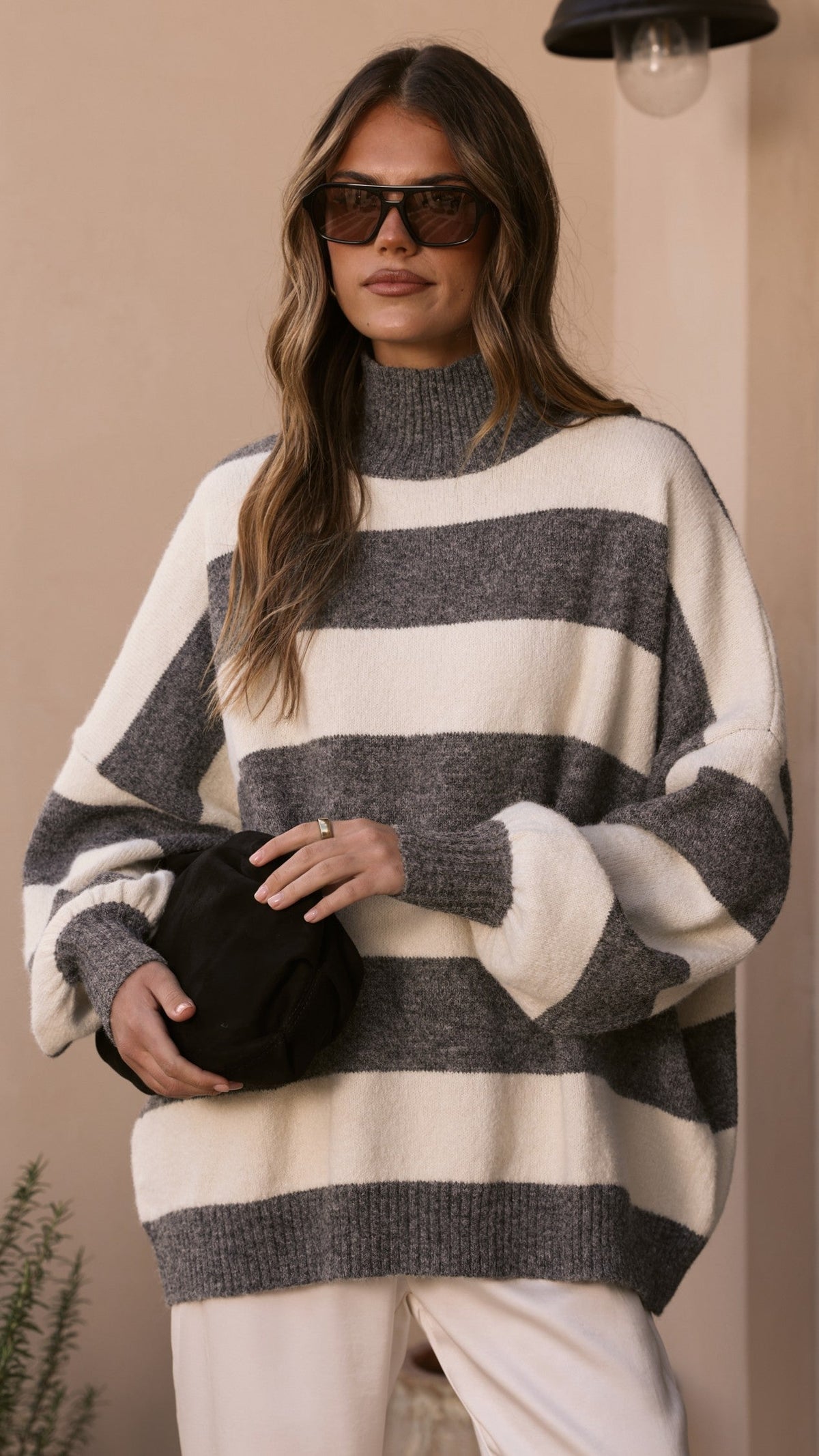Harita Turtleneck Bell Sleeve Boxy Knit Jumper – Grey/Cream Stripe – view 4