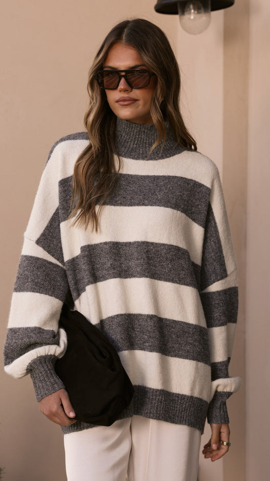 Harita Turtleneck Bell Sleeve Boxy Knit Jumper – Grey/Cream Stripe