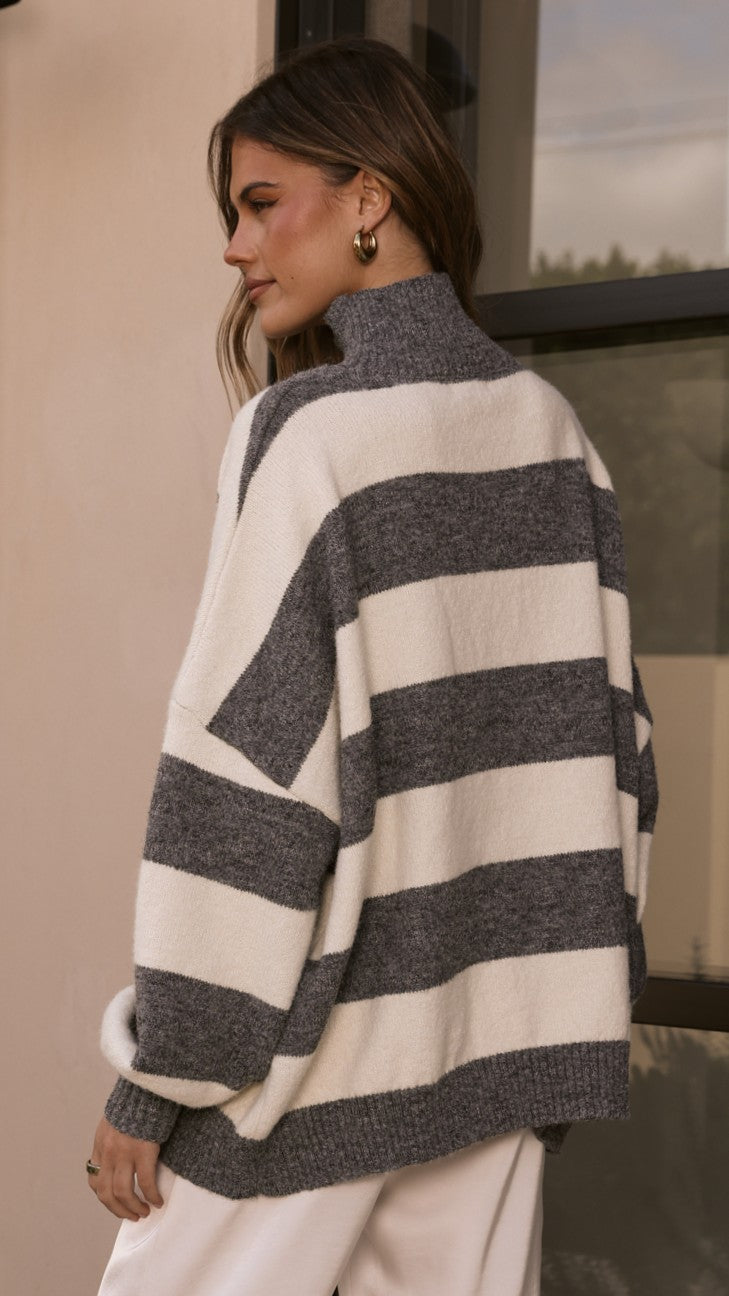 Harita Turtleneck Bell Sleeve Boxy Knit Jumper – Grey/Cream Stripe – view 3