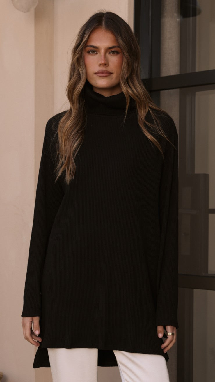 Ravio Oversized Longline Rib Knit Turtleneck Jumper – Black – view 6