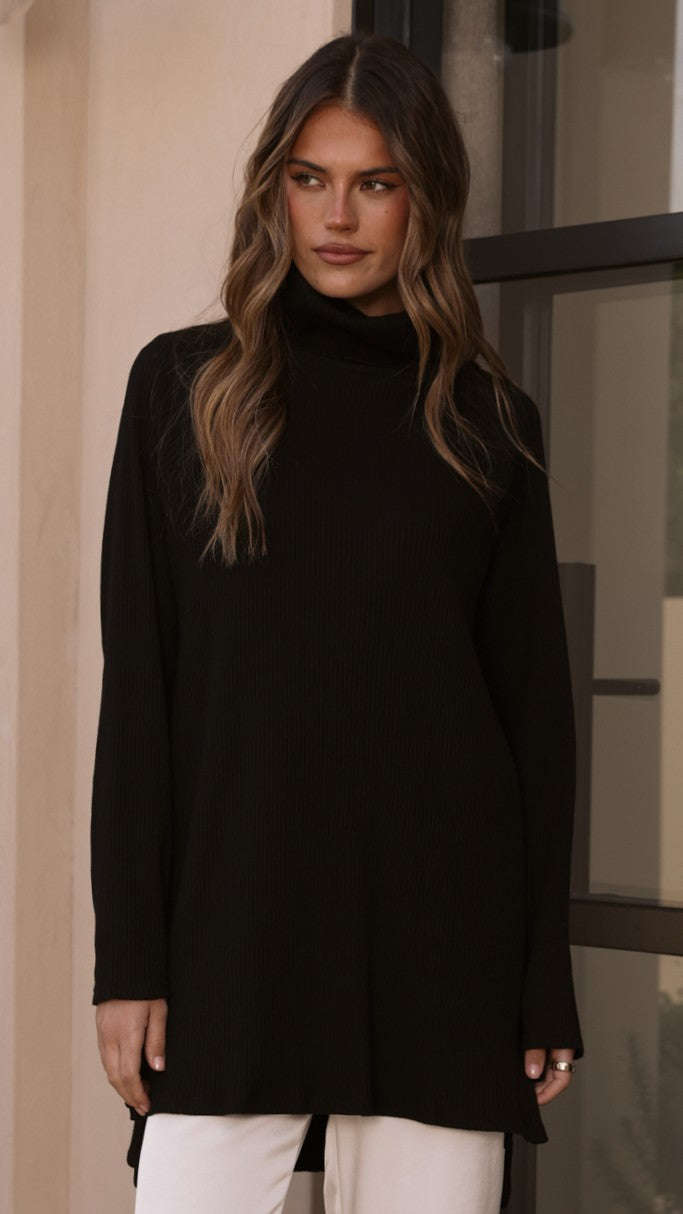 Ravio Oversized Longline Rib Knit Turtleneck Jumper – Black