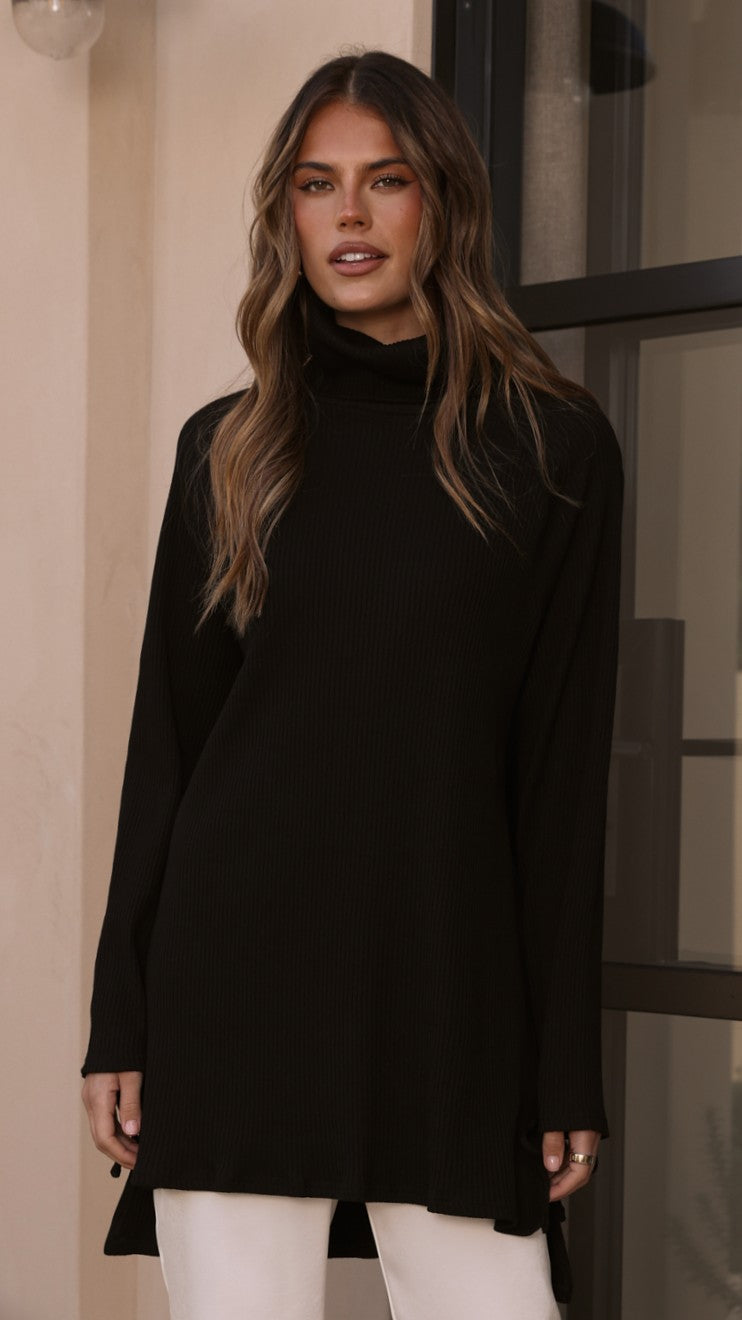 Ravio Oversized Longline Rib Knit Turtleneck Jumper – Black – view 1