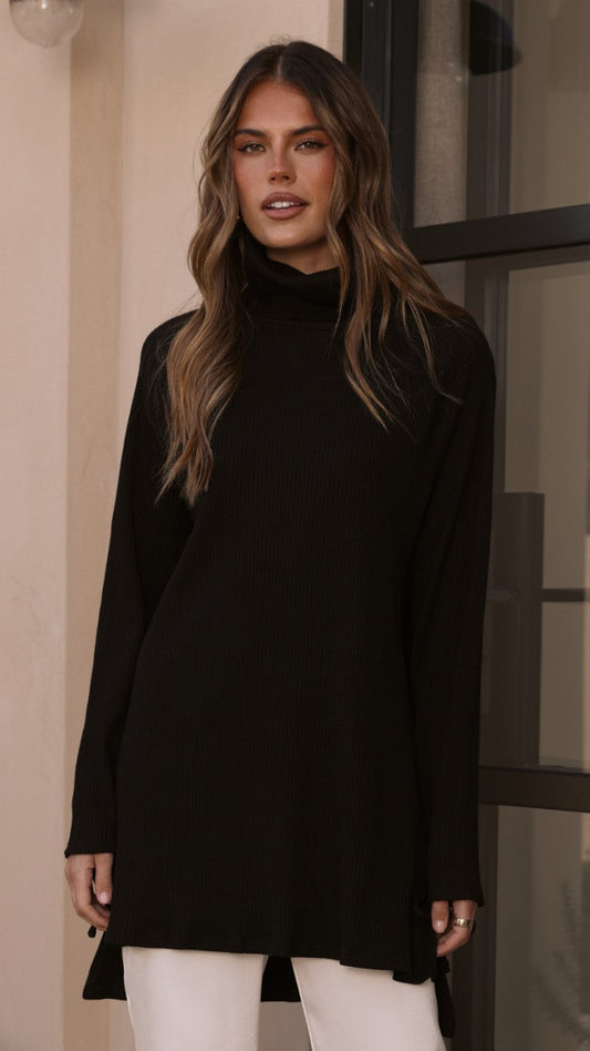 Ravio Oversized Longline Rib Knit Turtleneck Jumper – Black