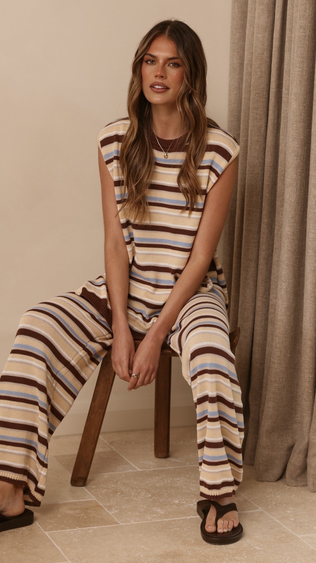 Florentine Cap Sleeve Knit Vest and Trousers Set – Beige/Choc/Blue Stripe – view 3
