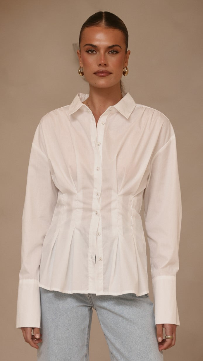 Riley Semi-Sheer Collared Blouse with Cinched Waist – White – view 6