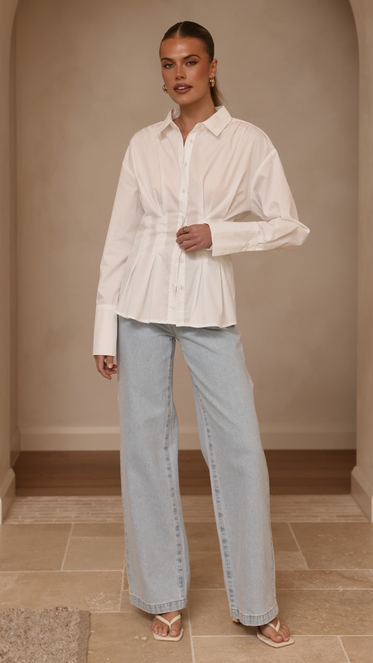 Riley Semi-Sheer Collared Blouse with Cinched Waist – White – view 7