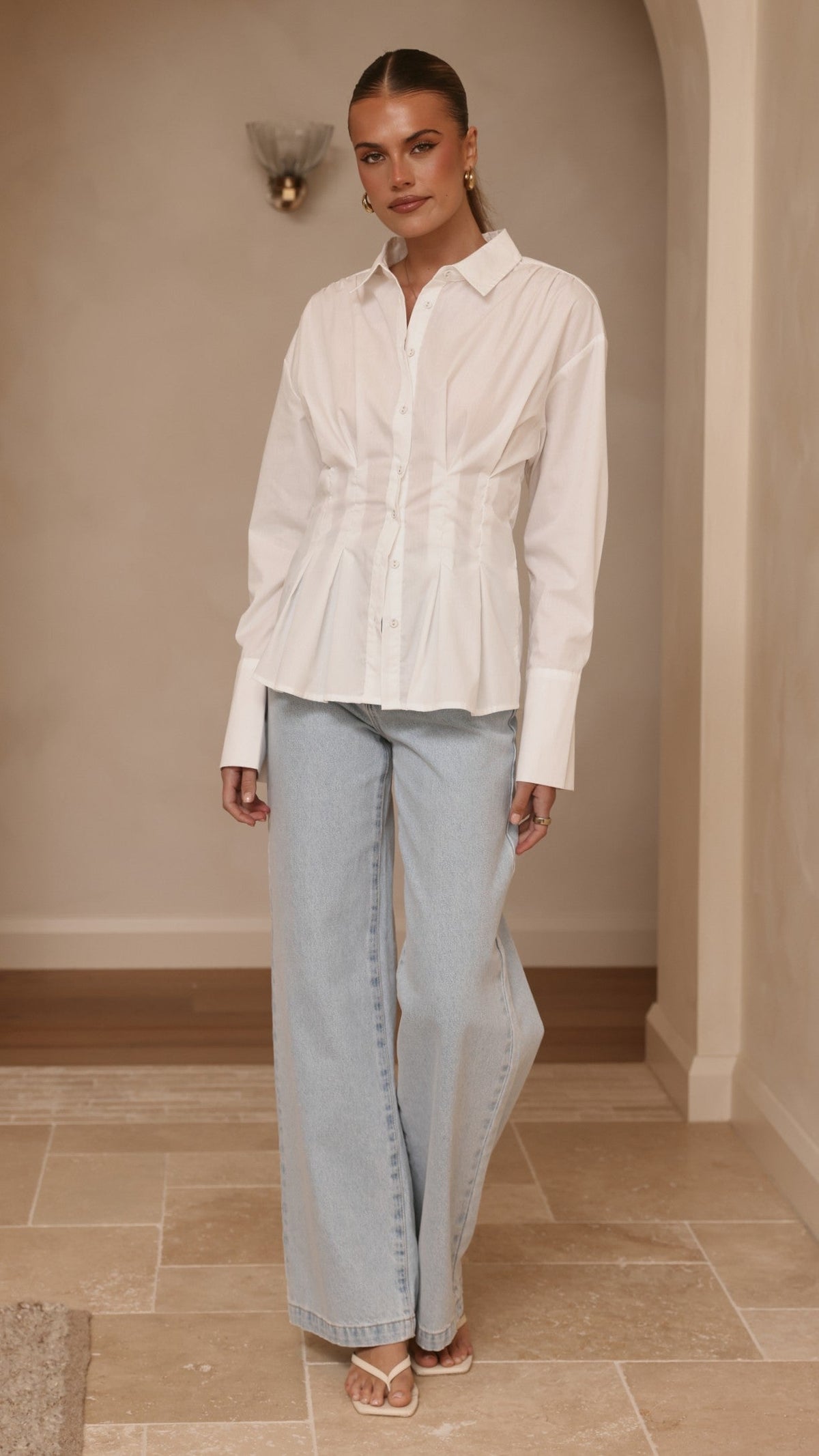 Riley Semi-Sheer Collared Blouse with Cinched Waist – White – view 8