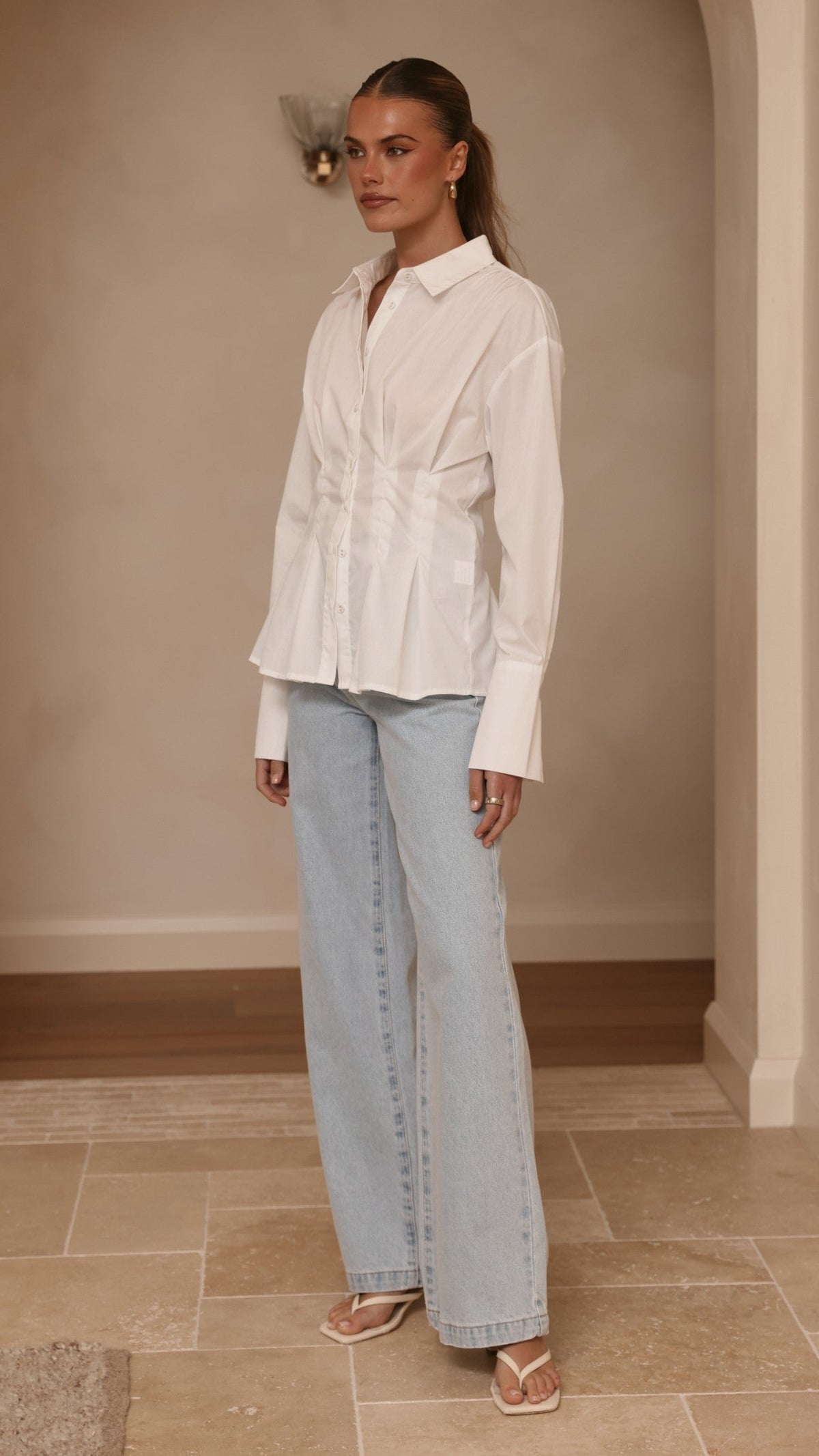 Riley Semi-Sheer Collared Blouse with Cinched Waist – White – view 3