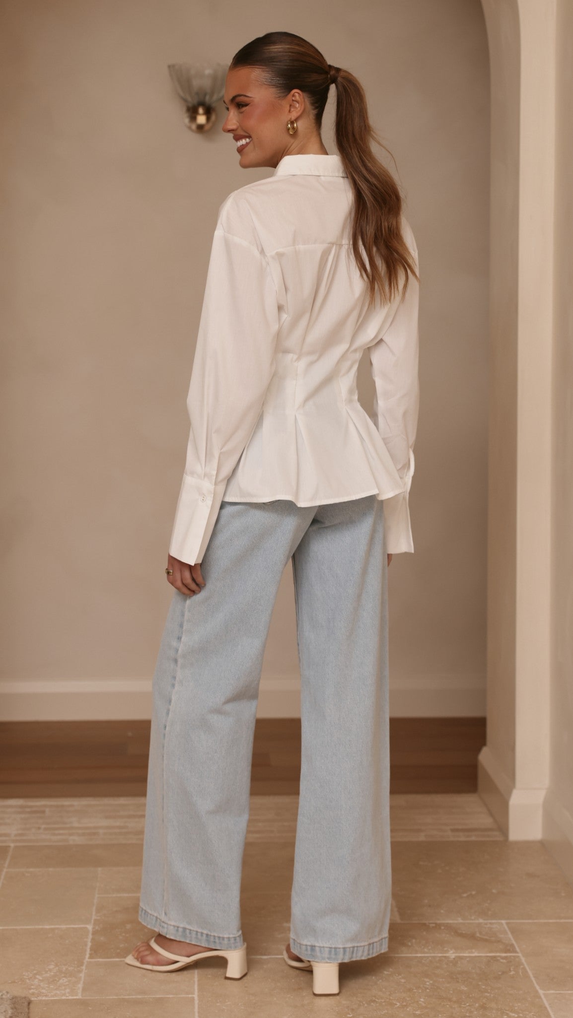 Riley Semi-Sheer Collared Blouse with Cinched Waist – White – view 5