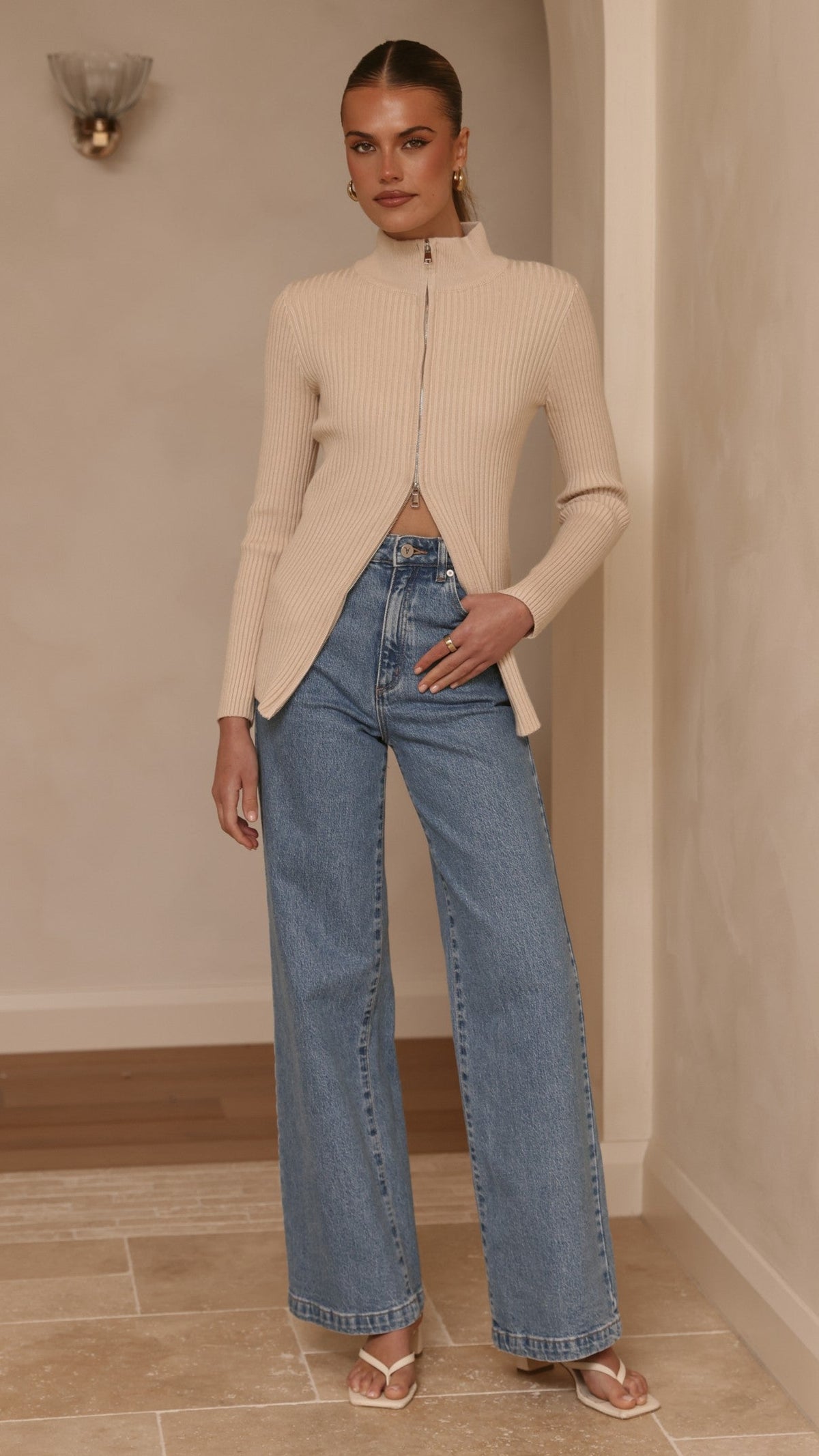 Cleo High Neck Dual Zip Ribbed Long Sleeve Top – Beige – view 4