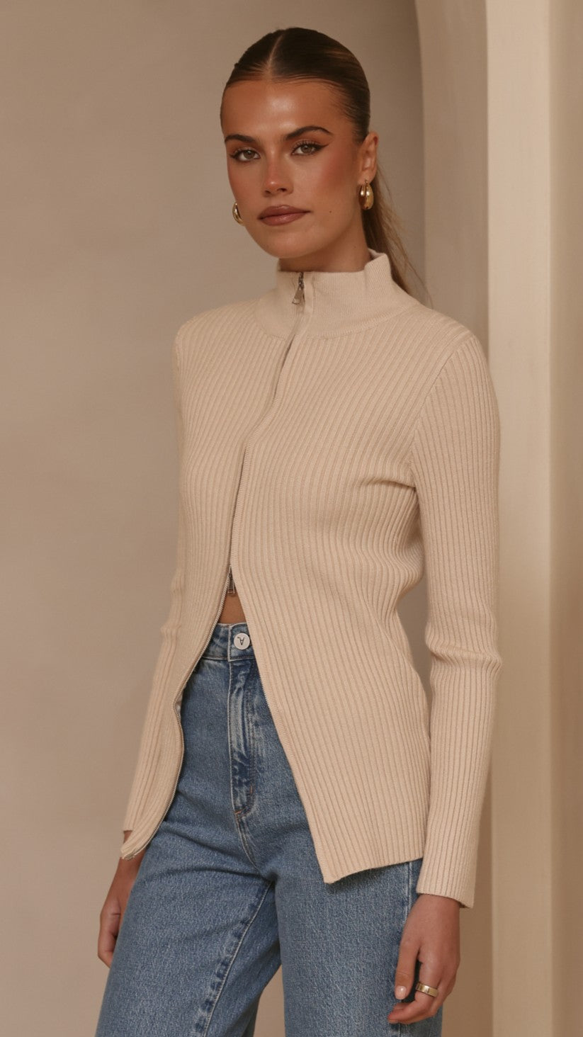 Cleo High Neck Dual Zip Ribbed Long Sleeve Top – Beige – view 3