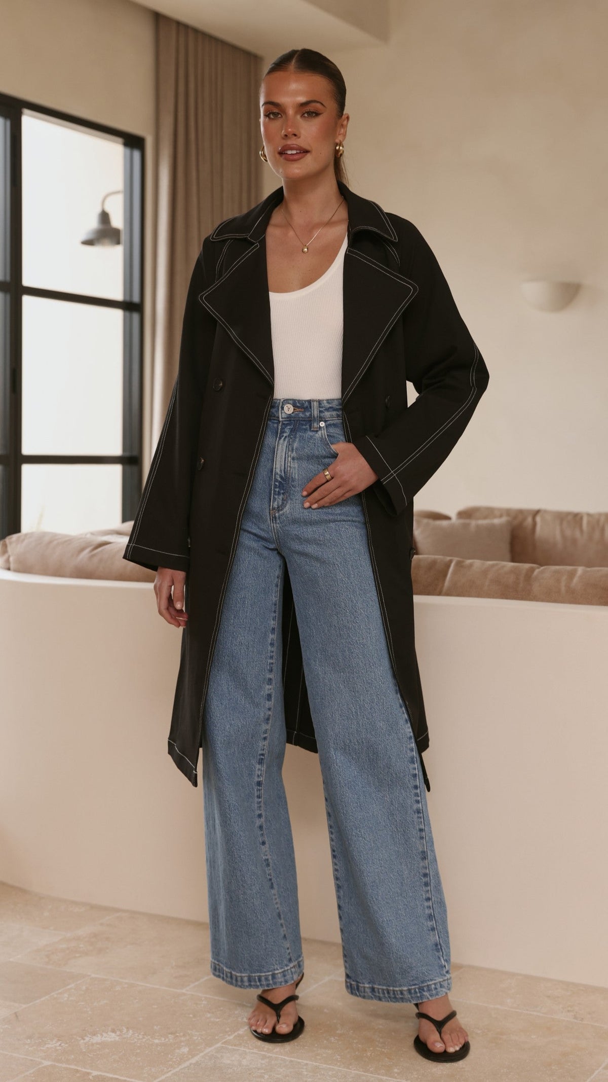 Cora Double-Breasted Longline Trench Coat with Tie Belt – Black