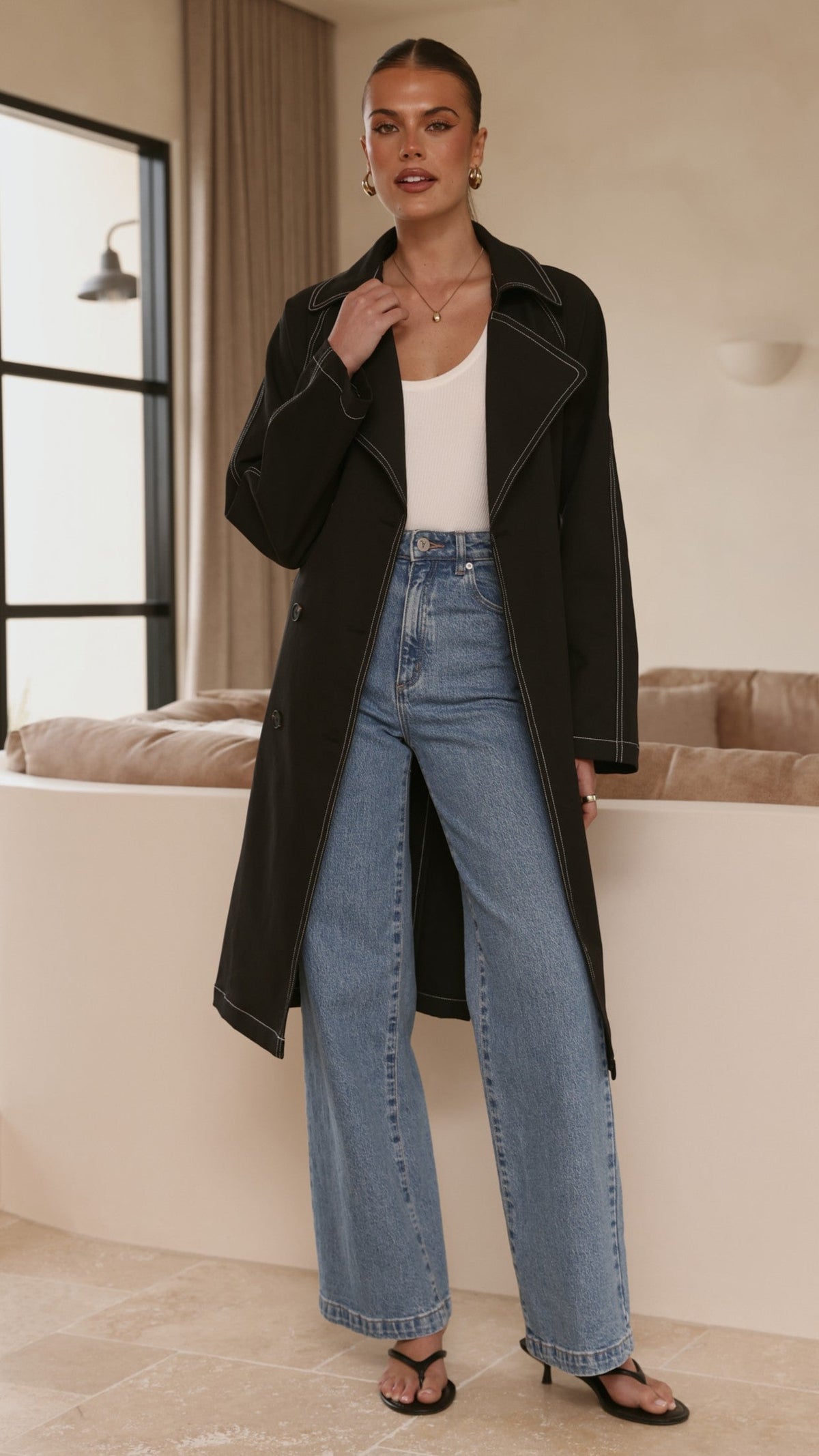 Cora Double-Breasted Longline Trench Coat with Tie Belt – Black