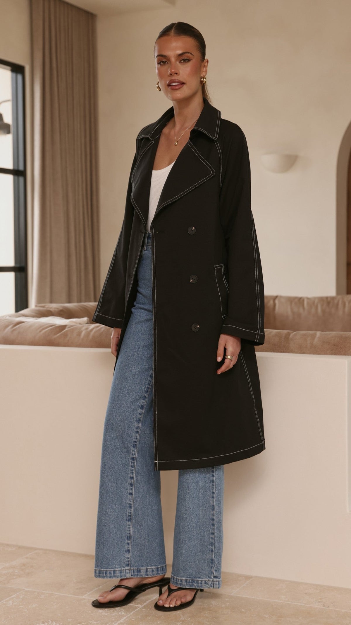 Cora Double-Breasted Longline Trench Coat with Tie Belt – Black