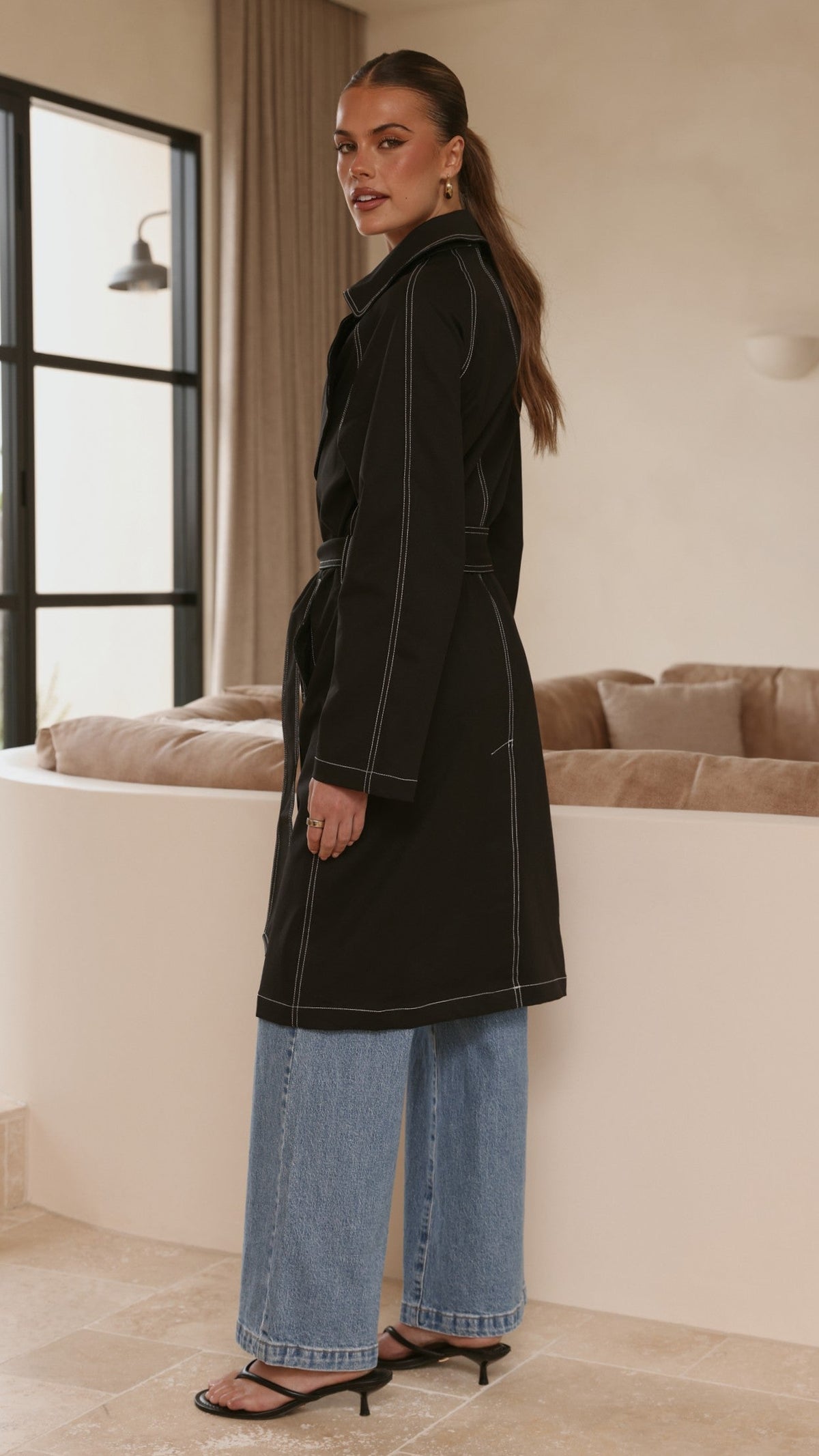 Cora Double-Breasted Longline Trench Coat with Tie Belt – Black – view 3