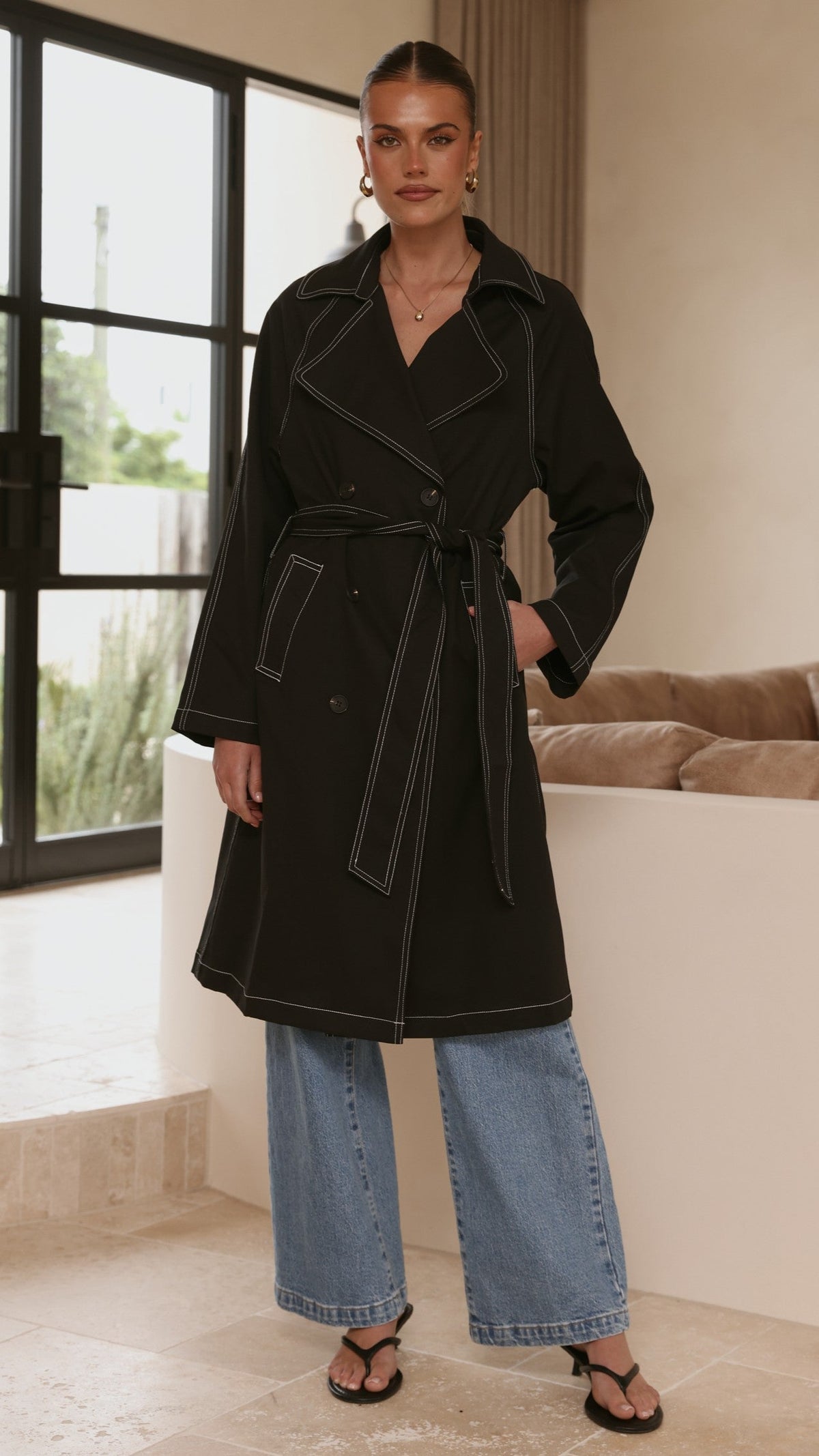 Cora Double-Breasted Longline Trench Coat with Tie Belt – Black – view 2