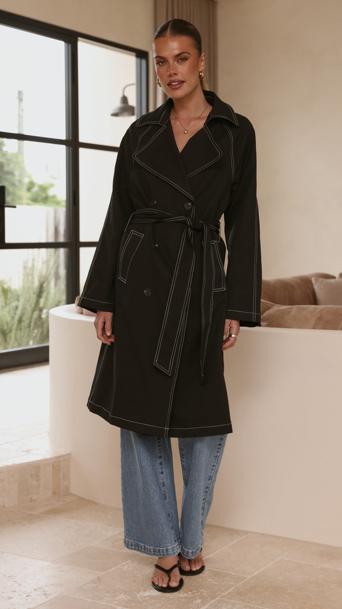 Cora Double-Breasted Longline Trench Coat with Tie Belt – Black
